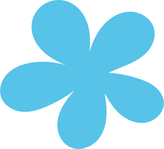 A stylized blue flower with six rounded petals.