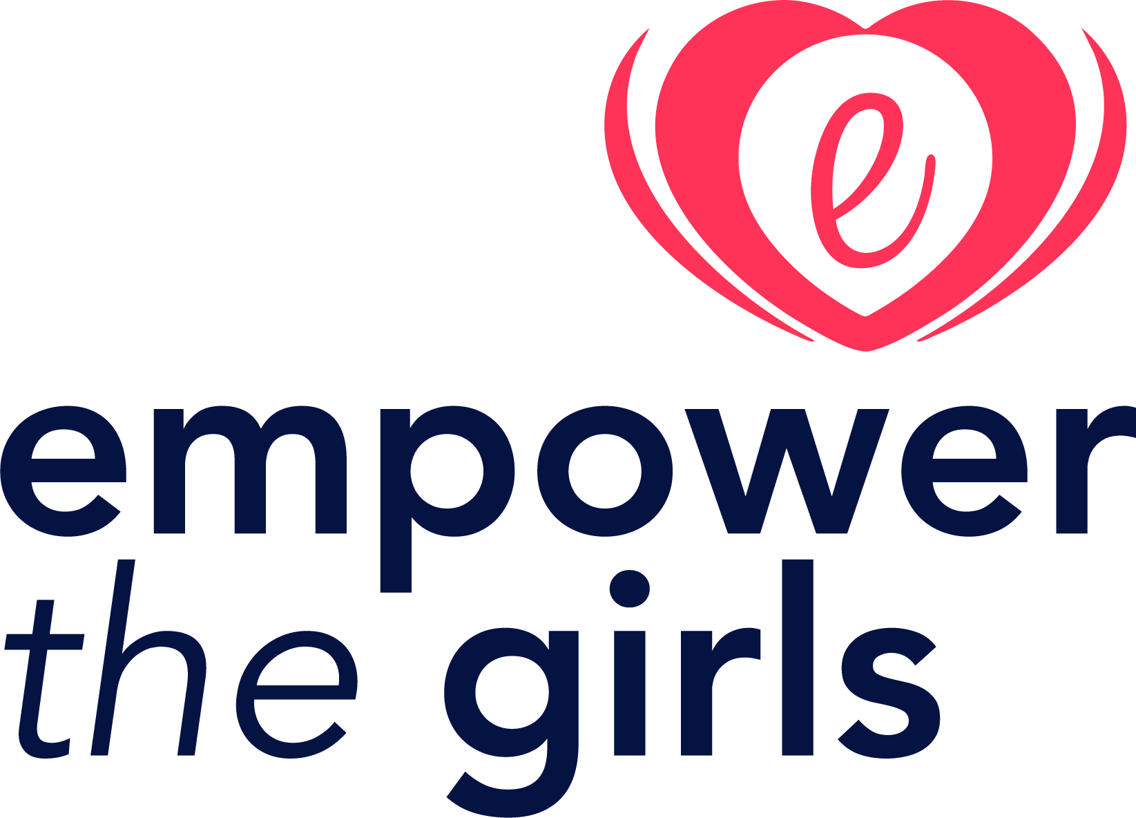 A logo with a red and pink heart shaped symbol above the word 'empower' in large dark blue letters, and the phrase 'the girls' in smaller dark blue letters underneath.