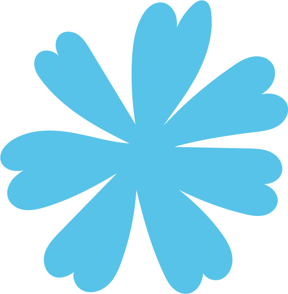 A stylized blue flower with rounded petals arranged symmetrically around a central point.