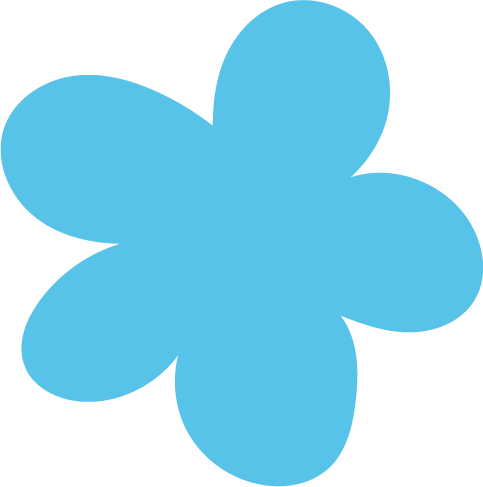 A blue, stylized flower with five petals.