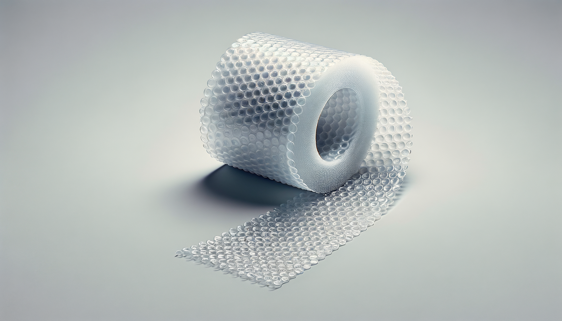 A roll of bubble wrap with some bubbles popped, on a white surface with a plain background.