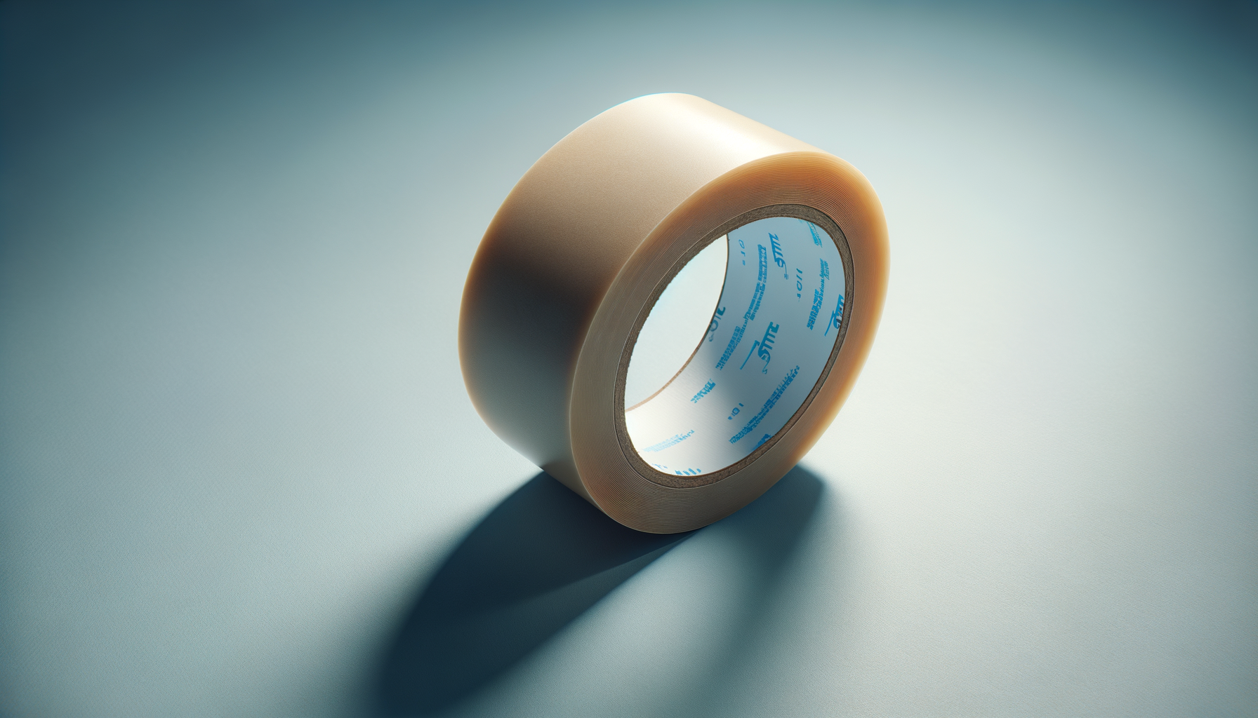 A roll of transparent adhesive tape lying on a light surface.