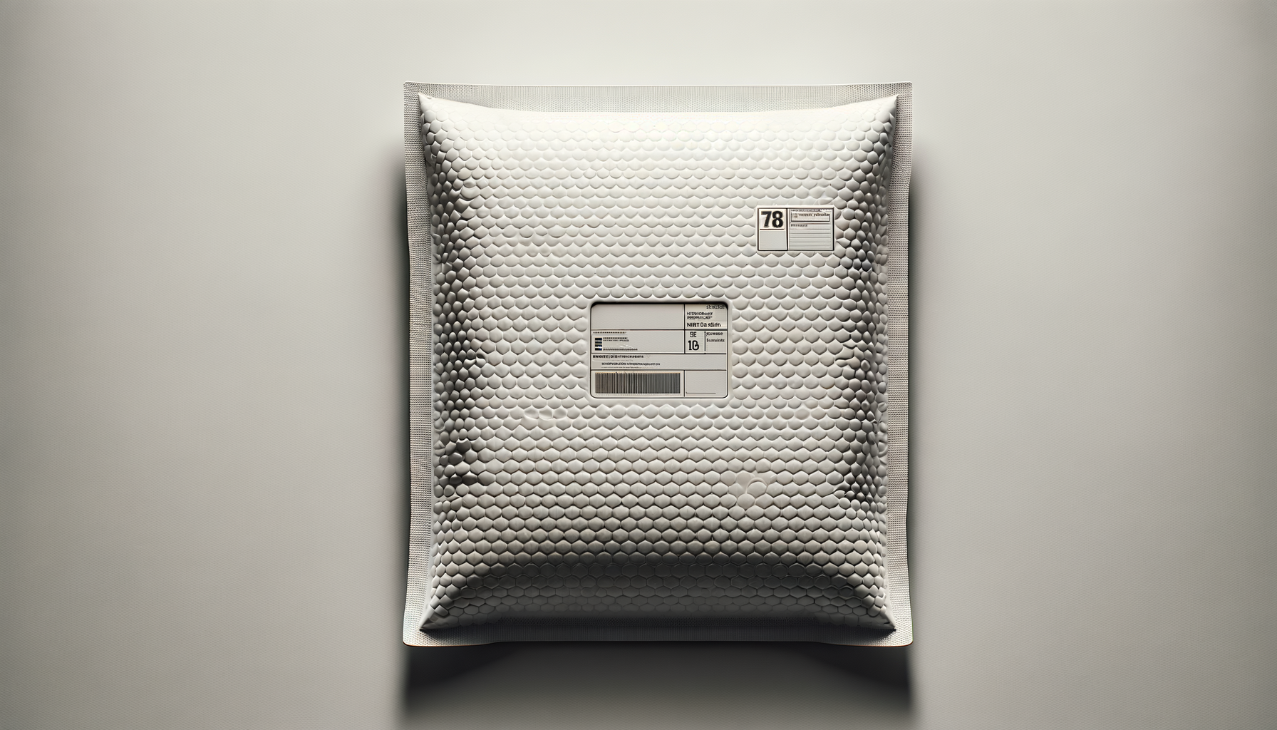 A silver bubble mailer package with a shipping label facing upward, placed on a light gray surface.