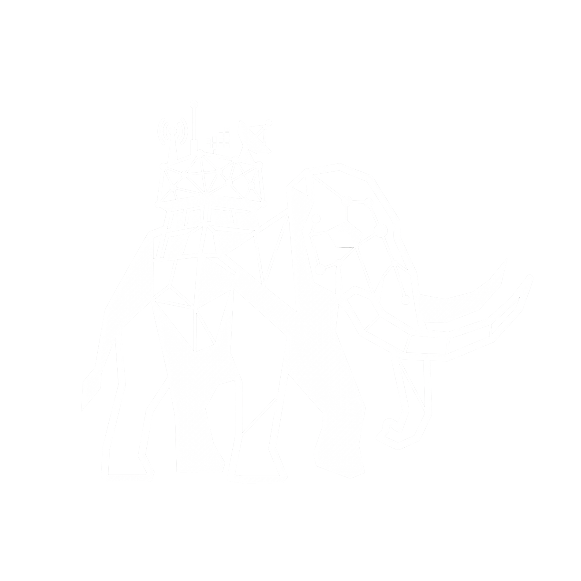 Illustration of a giraffe with connected nodes and technology symbols, including a satellite dish and wireless signal, on a black background.