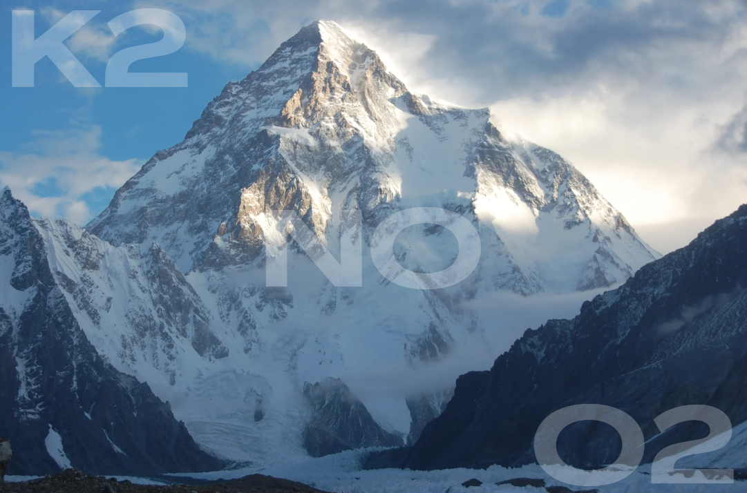 Snow-covered mountain peak rising above rocky terrain with glacier at the base, under a partly cloudy sky.
