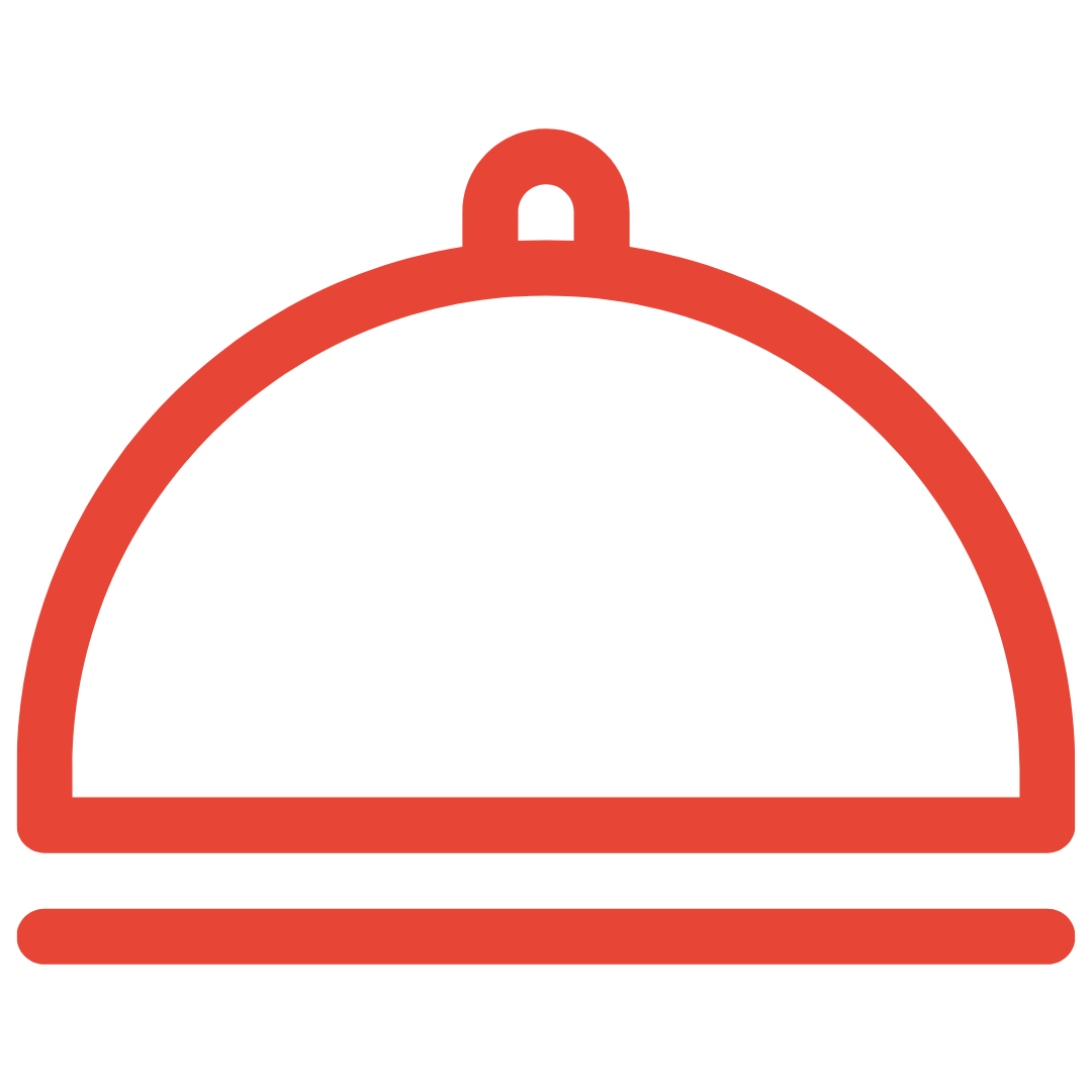 Symbol eines roten Cloche-Huts, meist verwendet für das Essen oder das Servieren von Speisen.
