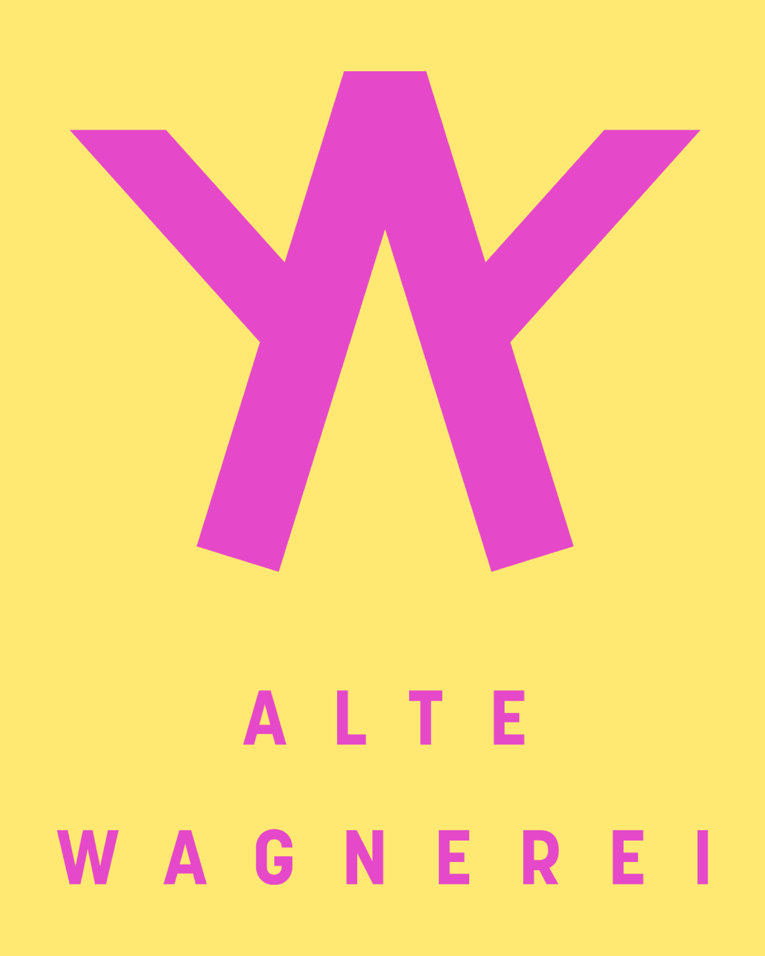 Der large Buchstabe AW in Pink auf gelbem Hintergrund, darunter die Wörter 'ALTE' in Pink, das Wort 'WAGNEREI' in Pink