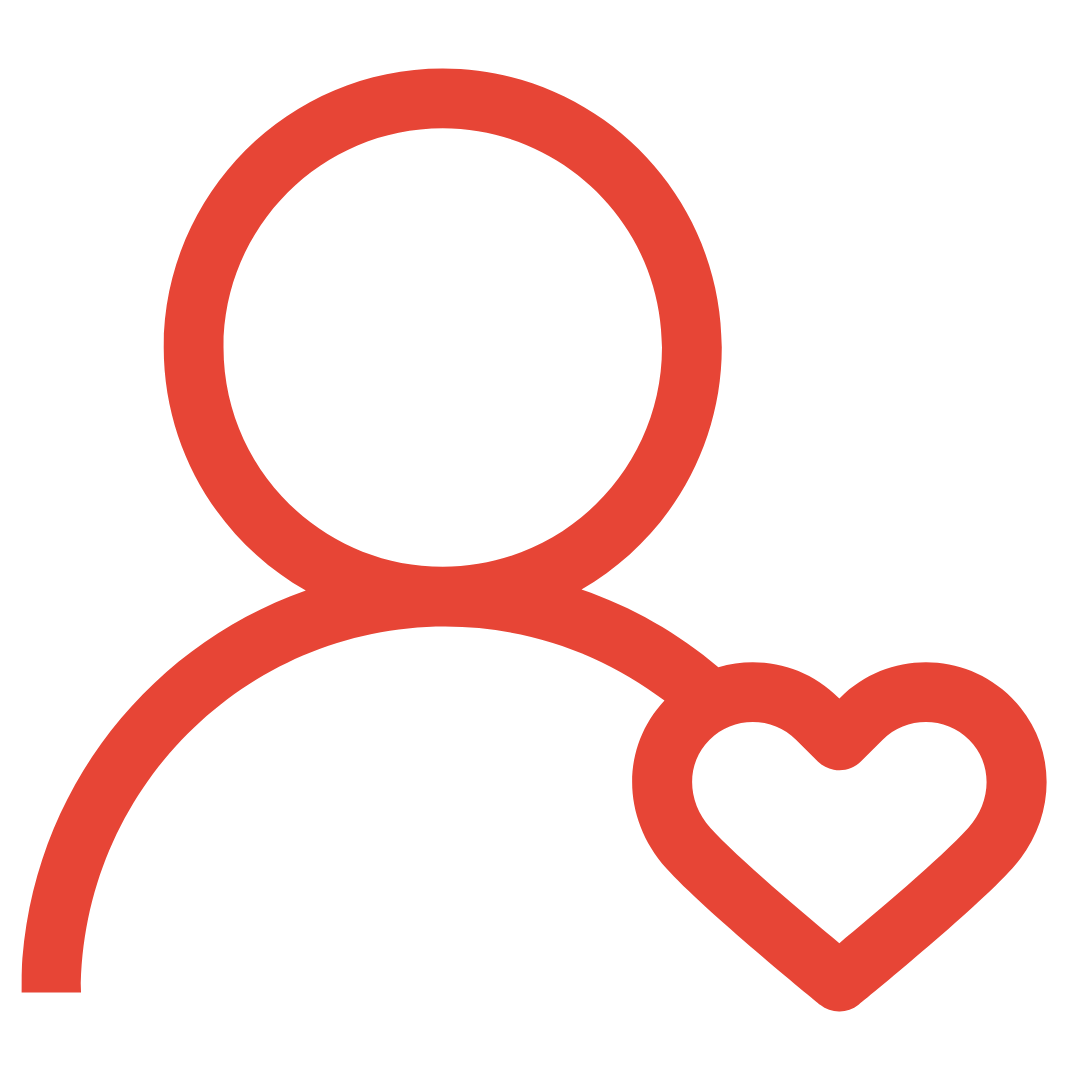 Ein rotes Symbol eines Humanos mit einem Herz, das die Liebe oder Fürsorge repräsentiert.