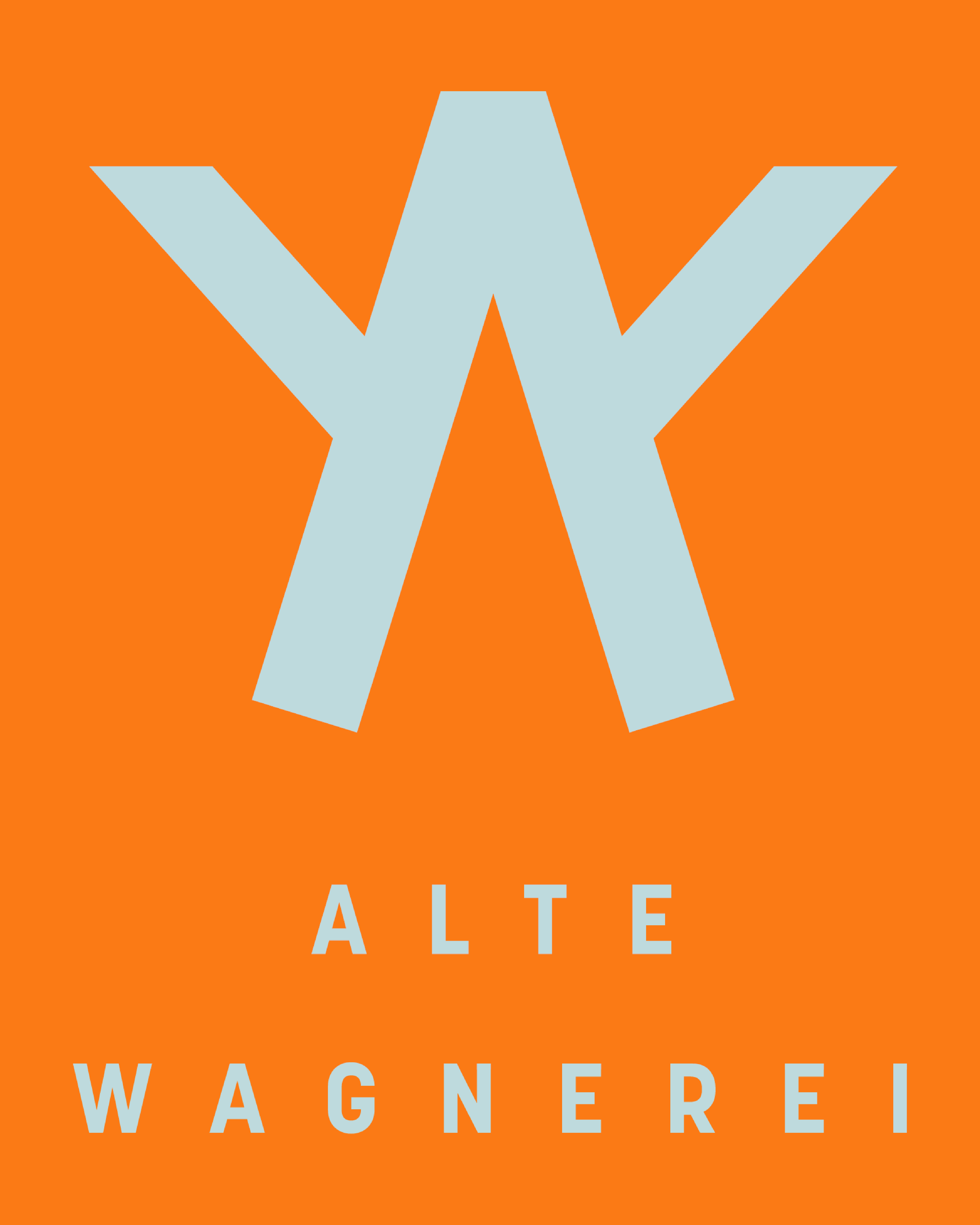 Grafisches Design mit großem hellblauem AW auf orangem Hintergrund, darunter die weißen Wörter ‚ALTE WAGNEREI‘