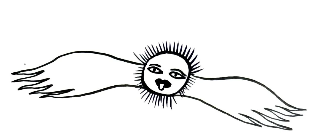 A black and white drawing of a sun with a human face, wings extending from the sides, and a mischievous expression with one tooth visible.