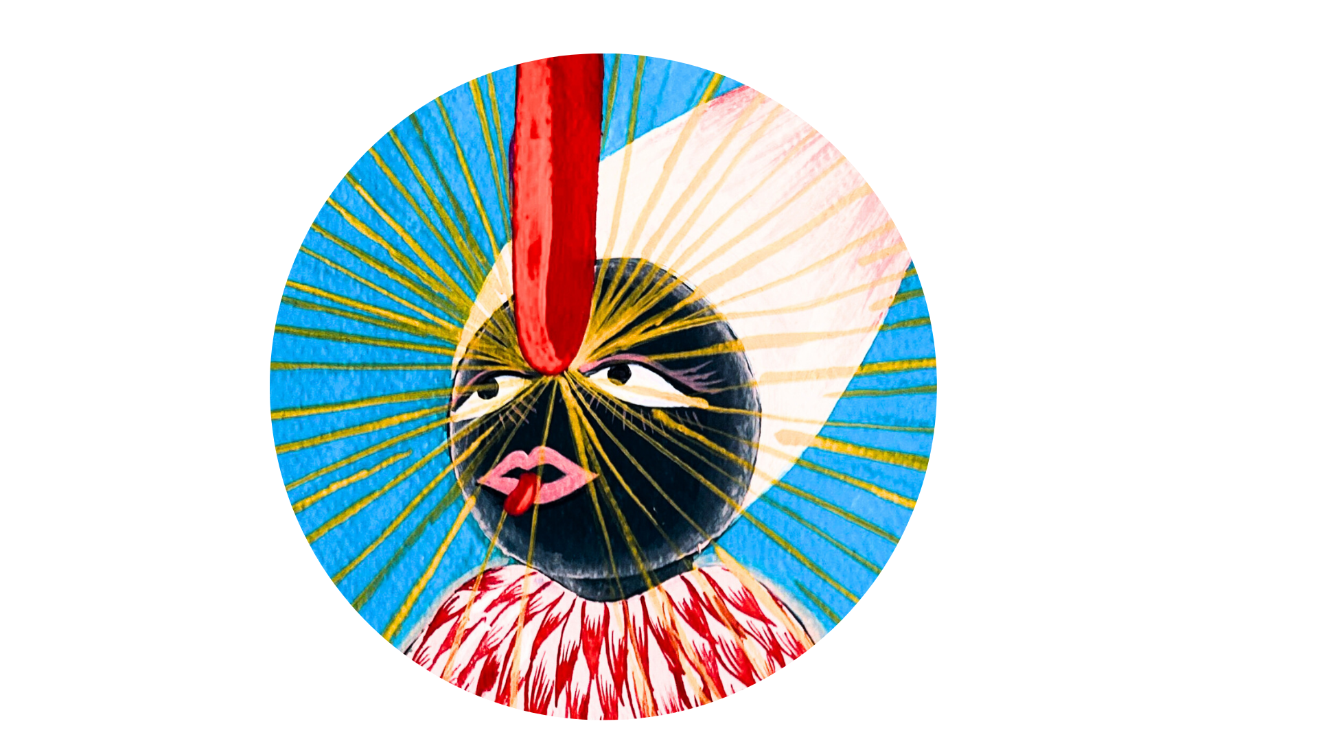 A colorful illustration of a face with, red lips, and a white hat, surrounded by yellow rays and a vibrant blue background.