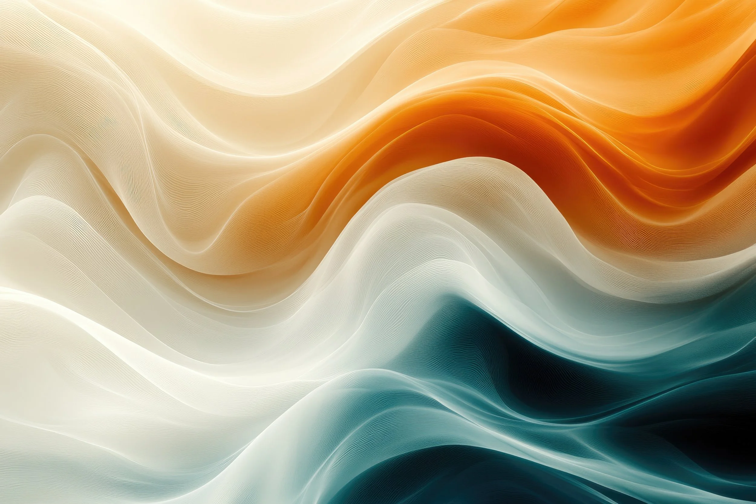 Abstract digital artwork featuring smooth, flowing curves in shades of orange, cream, and teal.