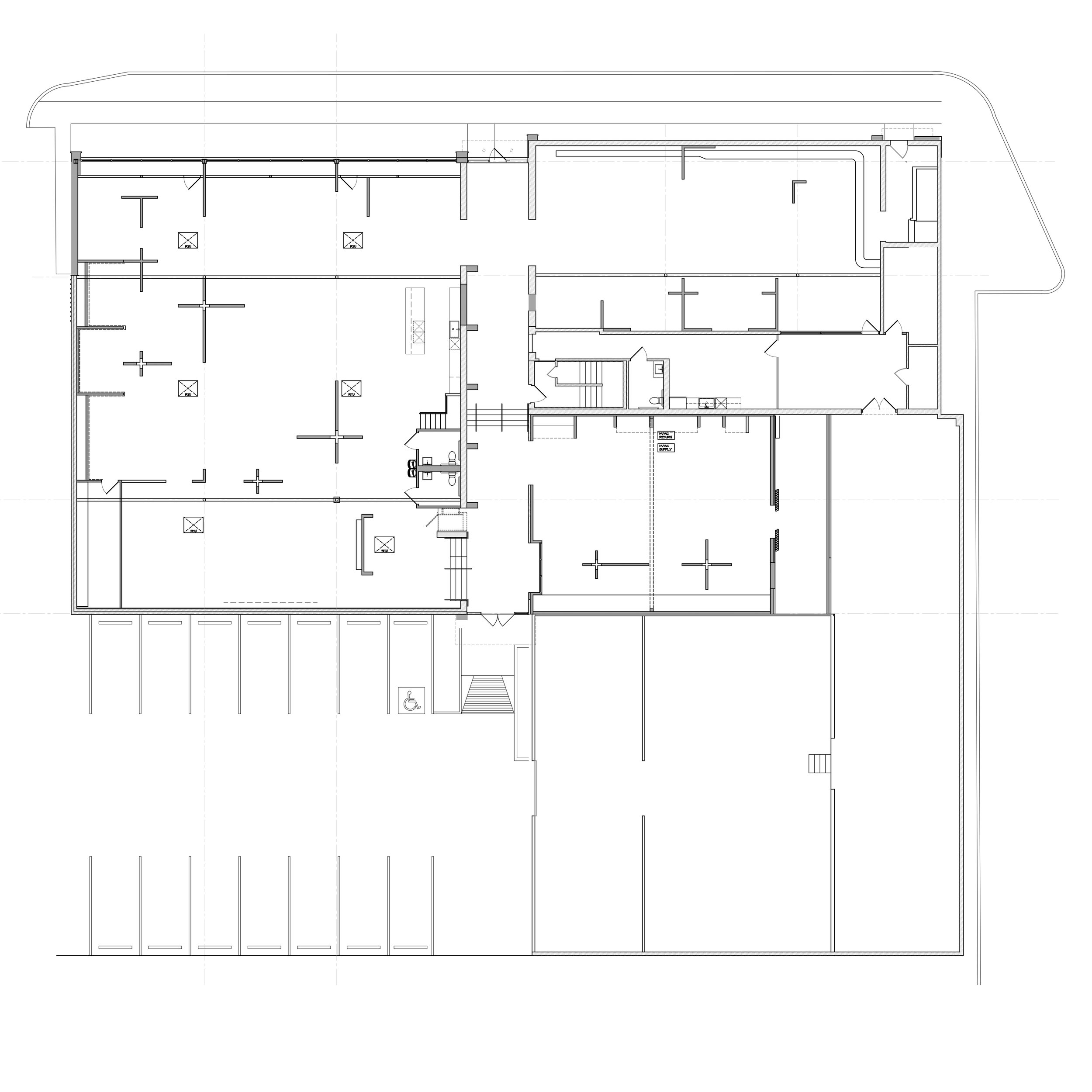 Architectural floor plan in black and white showing rooms, walls, doors, and fixtures.