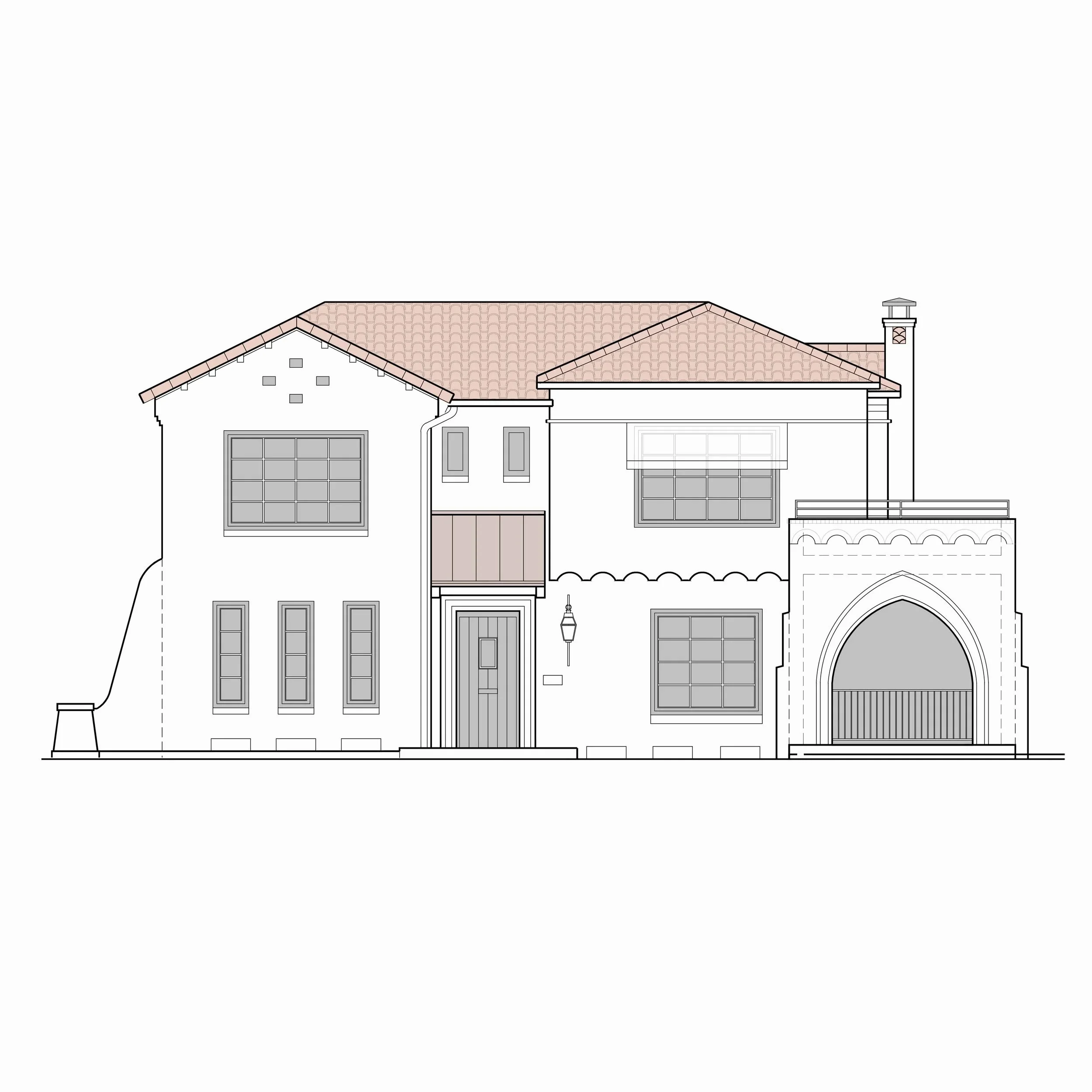 Drawing of a house's front elevation with windows, a door, and a chimney.