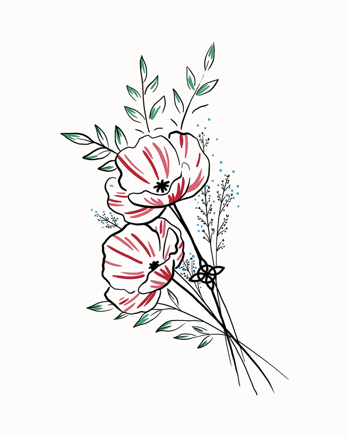 Illustration d'un bouquet de fleurs, comprenant deux grandes fleurs rouges avec des accents noirs, entourées de petites branches et feuilles vertes, sur un fond blanc.