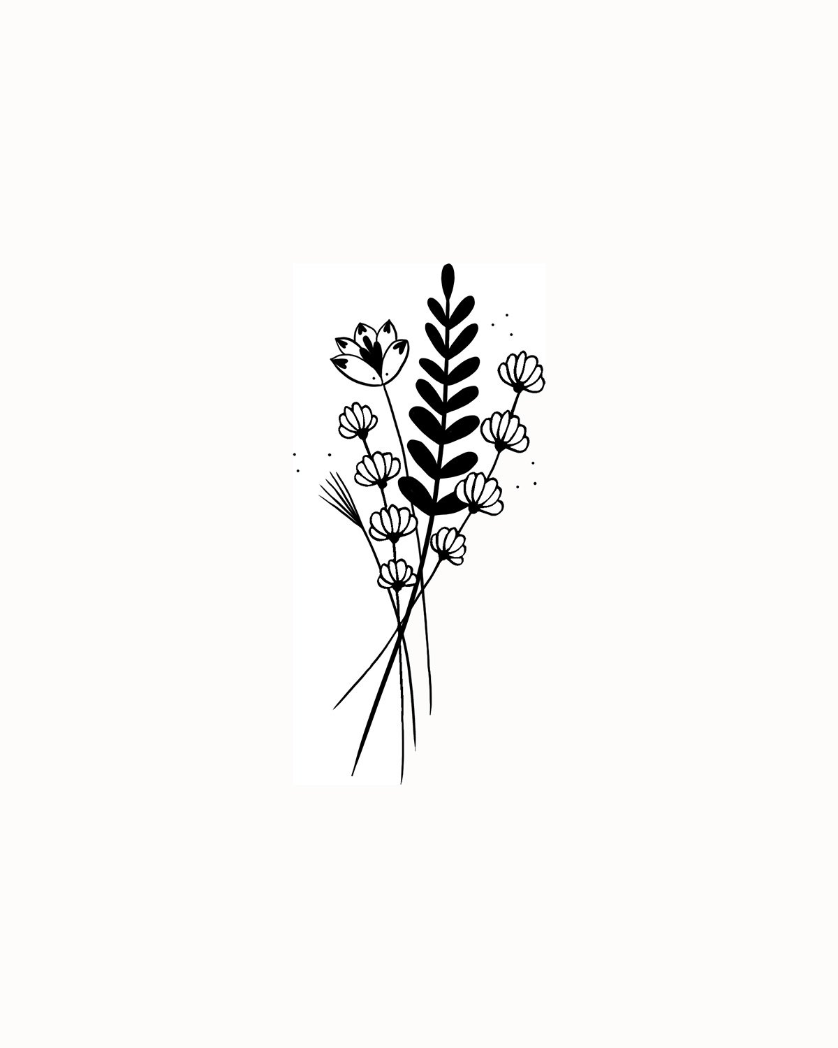 Illustration minimaliste en noir et blanc de fleurs et de feuilles. Hefeure de style simple et élégant.