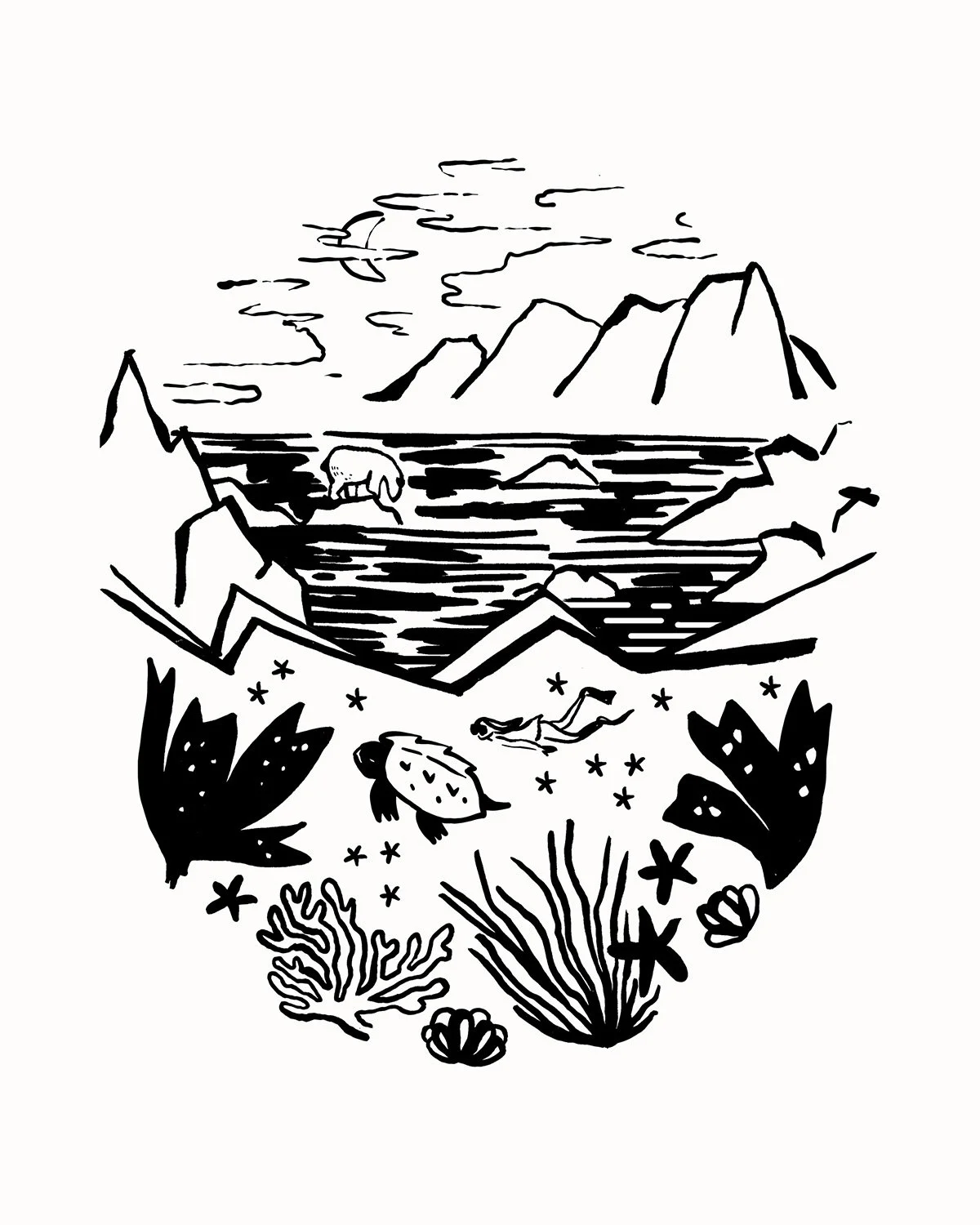 Une illustration en noir et blanc représentant un paysage naturel avec des montagnes, un lac, un bison, une baleine, des plantes marines, une étoile de mer, une coquille, et une figuration de nageur sous l'eau.