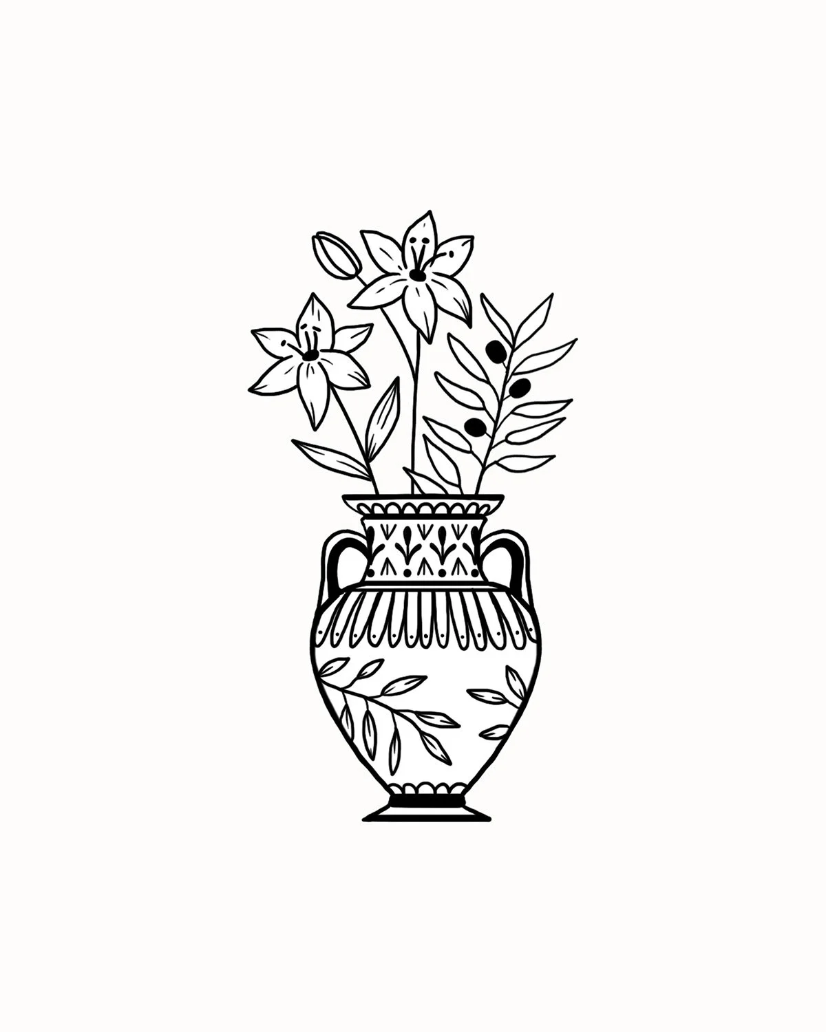 Un dessin en noir et blanc d'un vase antique avec des fleurs et des feuilles