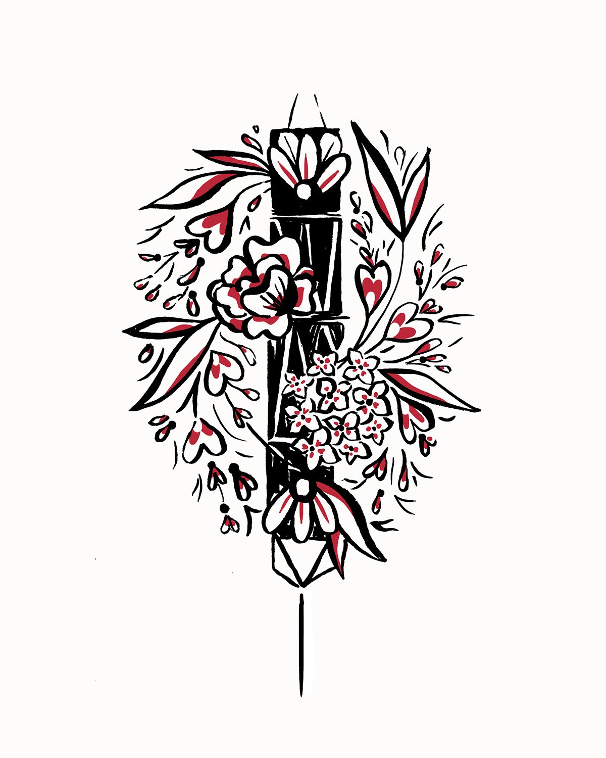 Tatouage d'un bouquet de fleurs stylisées en noir, blanc et rouge, avec des détails délicats et des feuilles. En forme de lance ou d'épée.