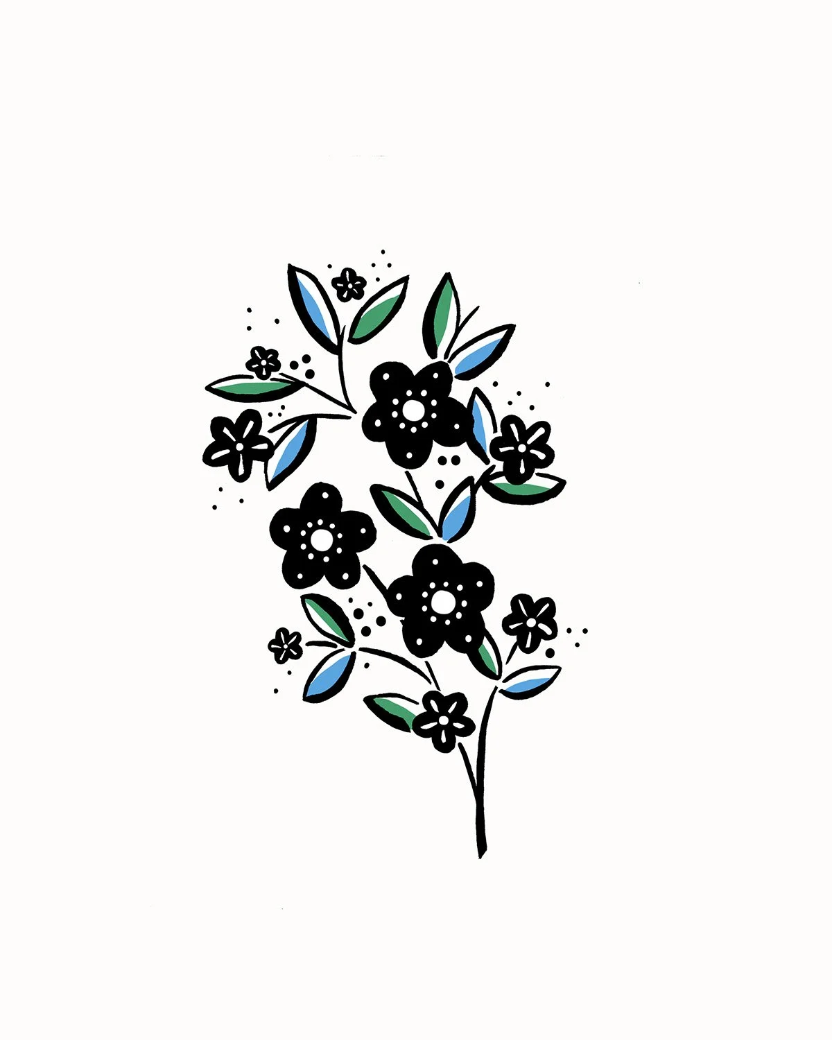 Dessin stylisé de fleurs noires avec des feuilles vertes et bleues sur un fond blanc.