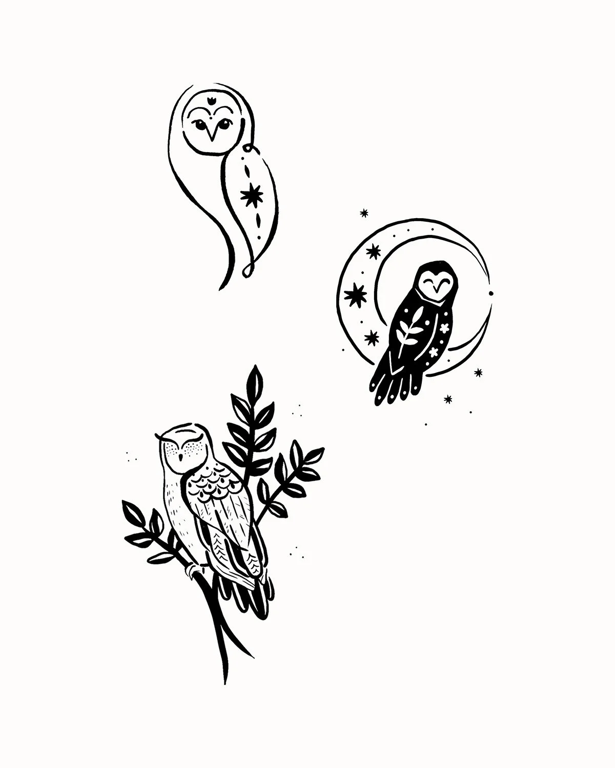 Trois illustrations d'oiseaux, dont deux perchés et un volant, avec des éléments décoratifs comme des étoiles et des cercles.