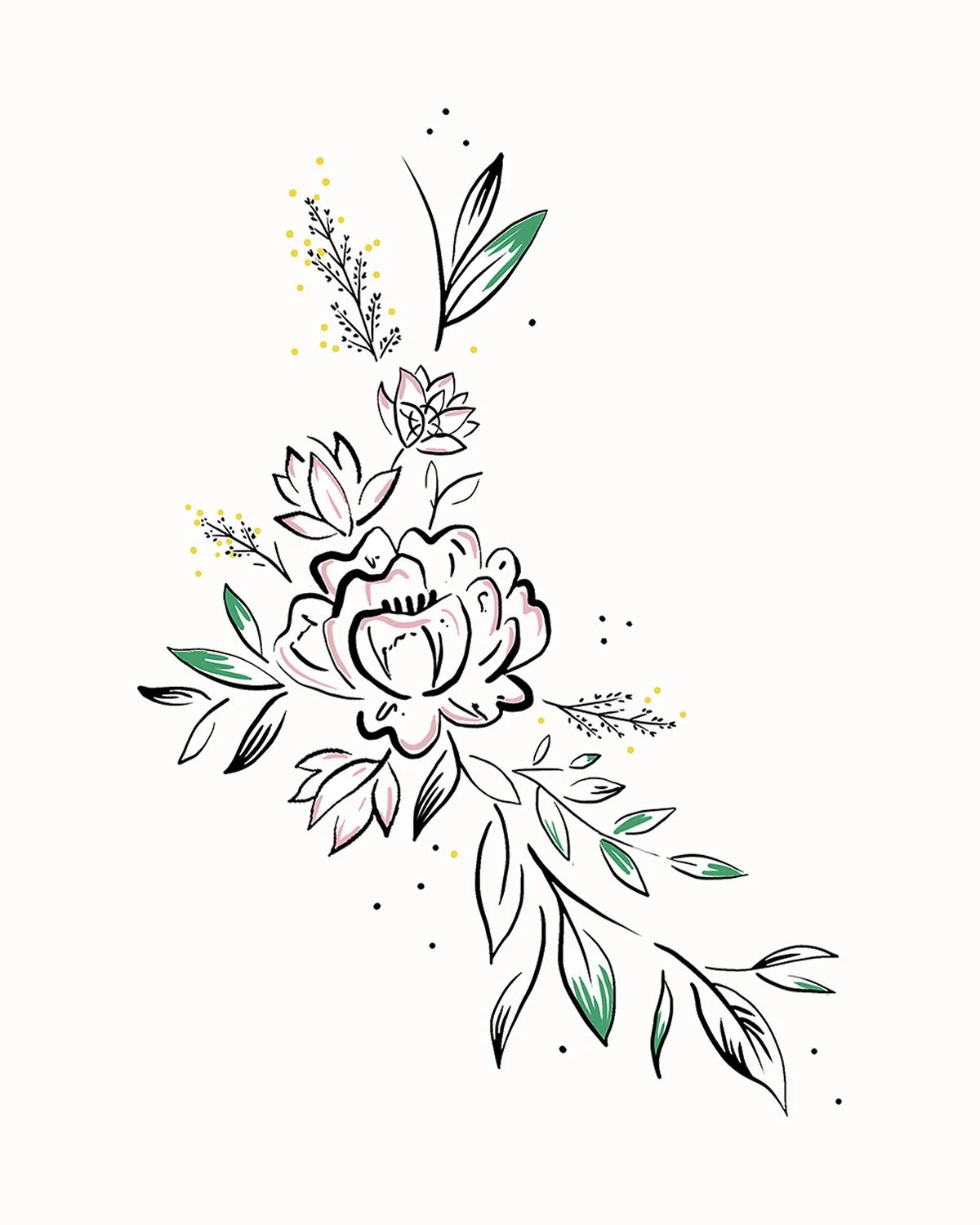 Tatouage de fleurs et de feuilles avec des détails en noir, vert et rose sur un fond blanc.