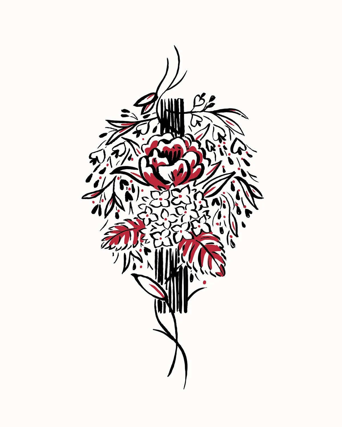 Un tatouage stylisé représentant un bouquet de fleurs avec des détails en rouge et noir, comprenant une rose centrale et d'autres petites fleurs, avec des feuilles et des branches.