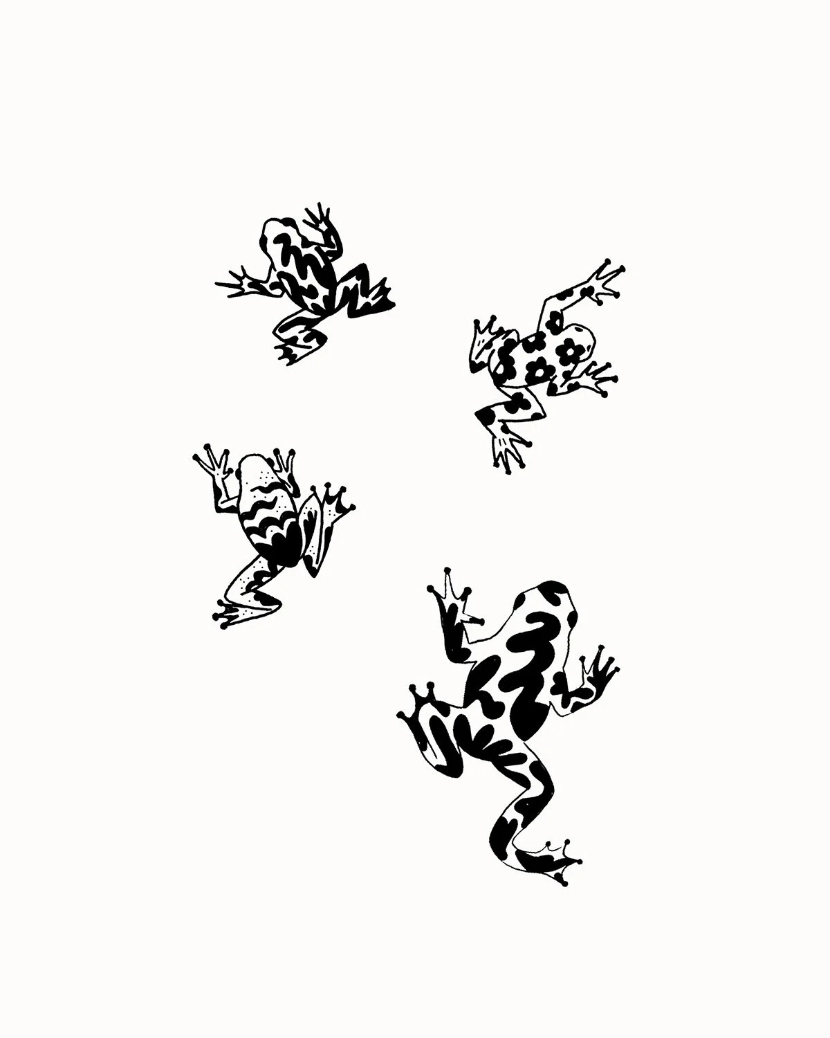 Image de cinq grenouilles dessinées en noir et blanc avec des motifs variés sur leur corps, disposées sur un fond blanc.