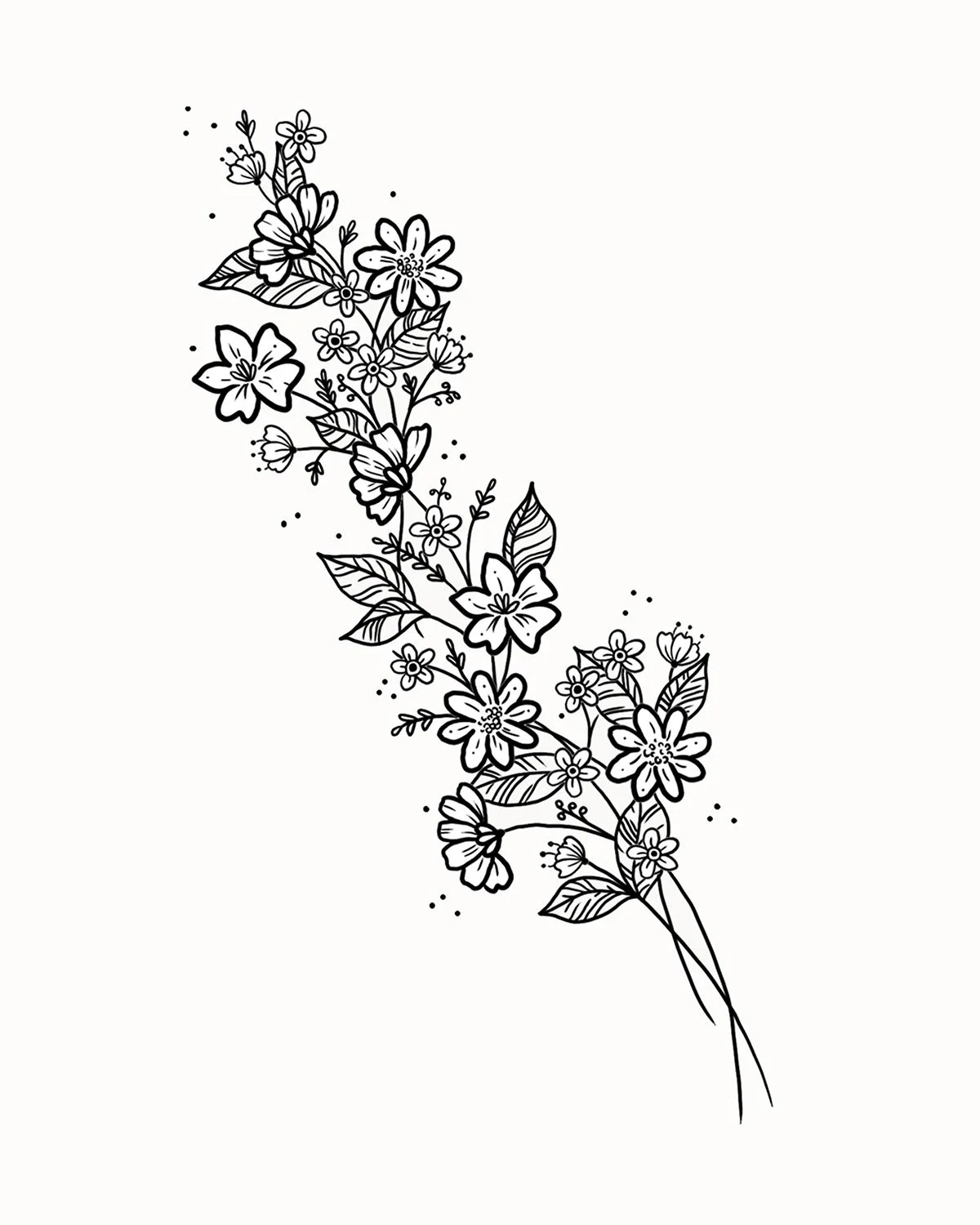 Dessins de fleurs noires et blanches sur une branche, style tatouage ou illustration à colorier.