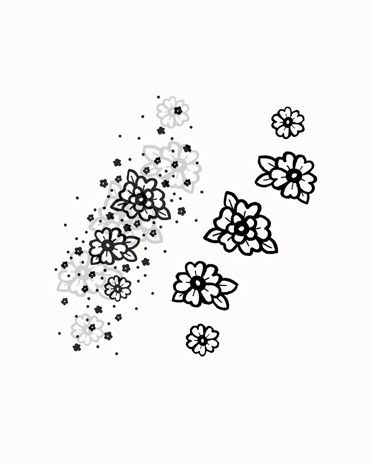 Fleurs noires et blanches dessinées au style minimaliste, quelques unes semblent flotter ou en train de tomber.