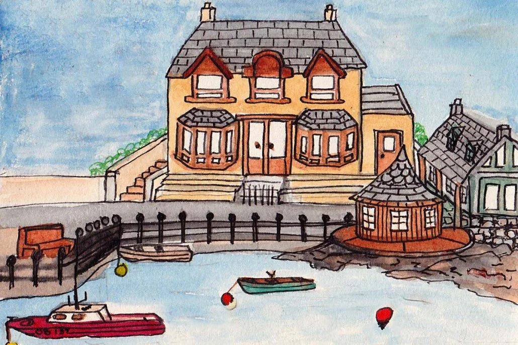 Waterfront scene with a yellow house, a walled-in yard, boats in the water, and neighboring houses, painted in watercolor style.