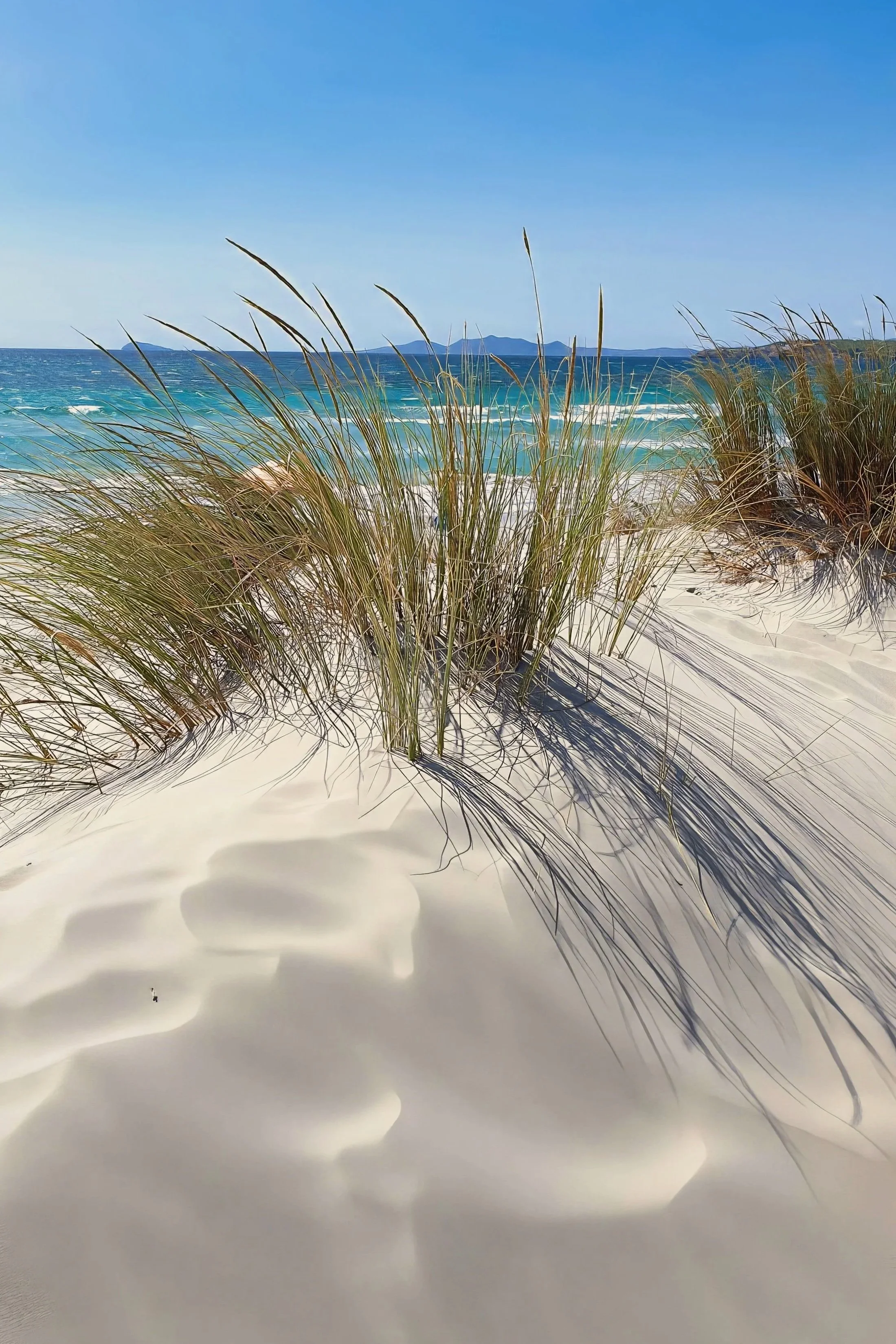 Beach scene with sand dunes, tall grass, blue ocean, waves, and distant mountains under a clear blue sky.