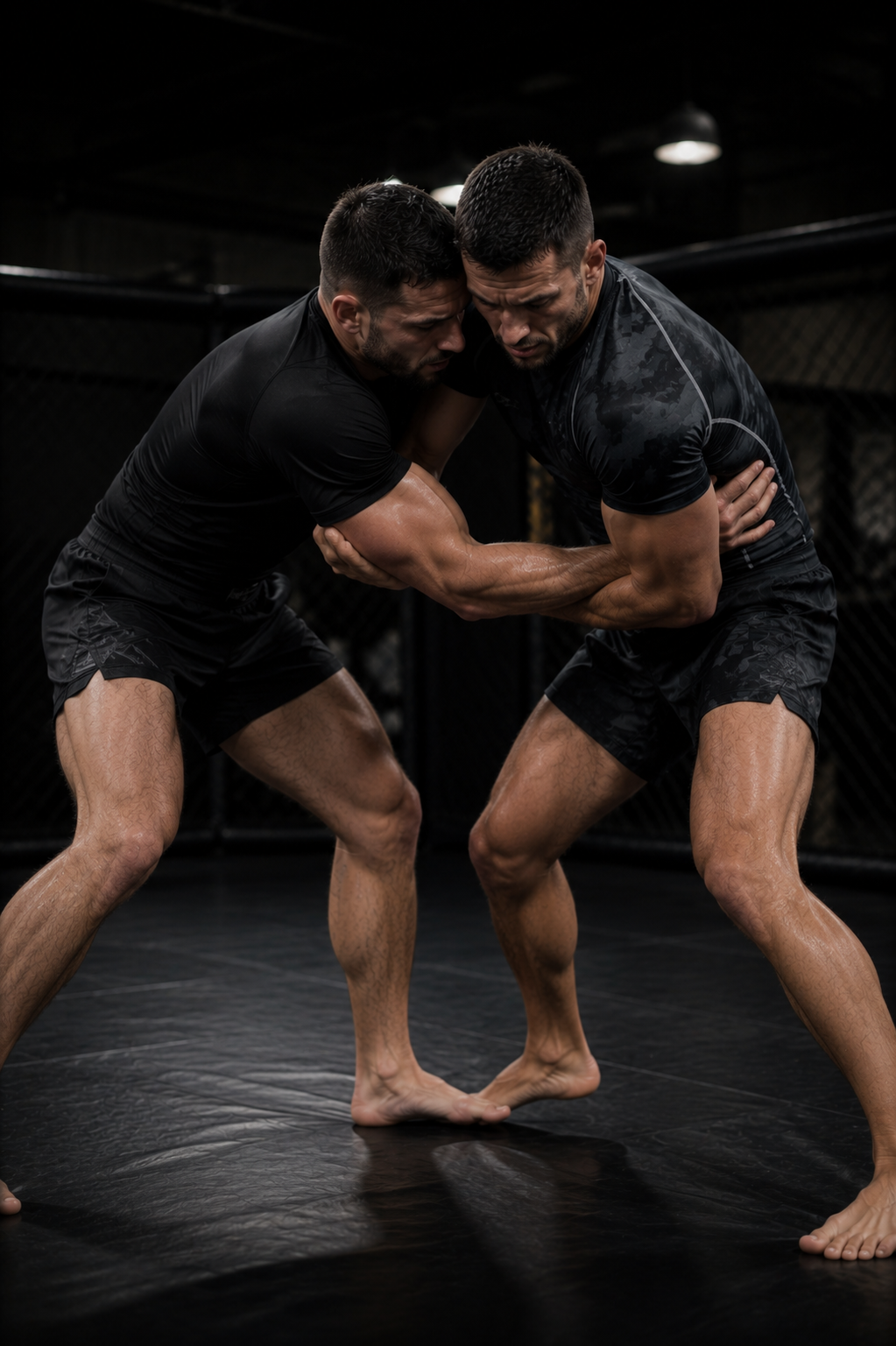 Zwei Männer trainieren Brazilian Jiu-Jitsu im Käfig. Sie greifen sich an. 