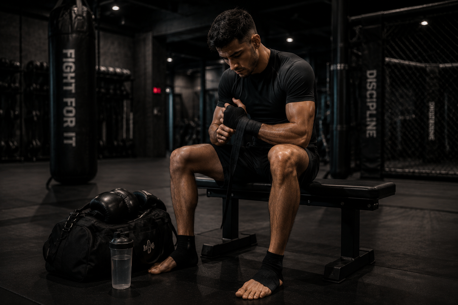 Ein männlicher Boxer sitzt auf einer Bank im Fitnessstudio, macht sich bereit zum Training, während er seine Handgelenke bandagiert. Neben ihm liegen Boxhandschuhe, eine Wasserflasche und eine Tasche.