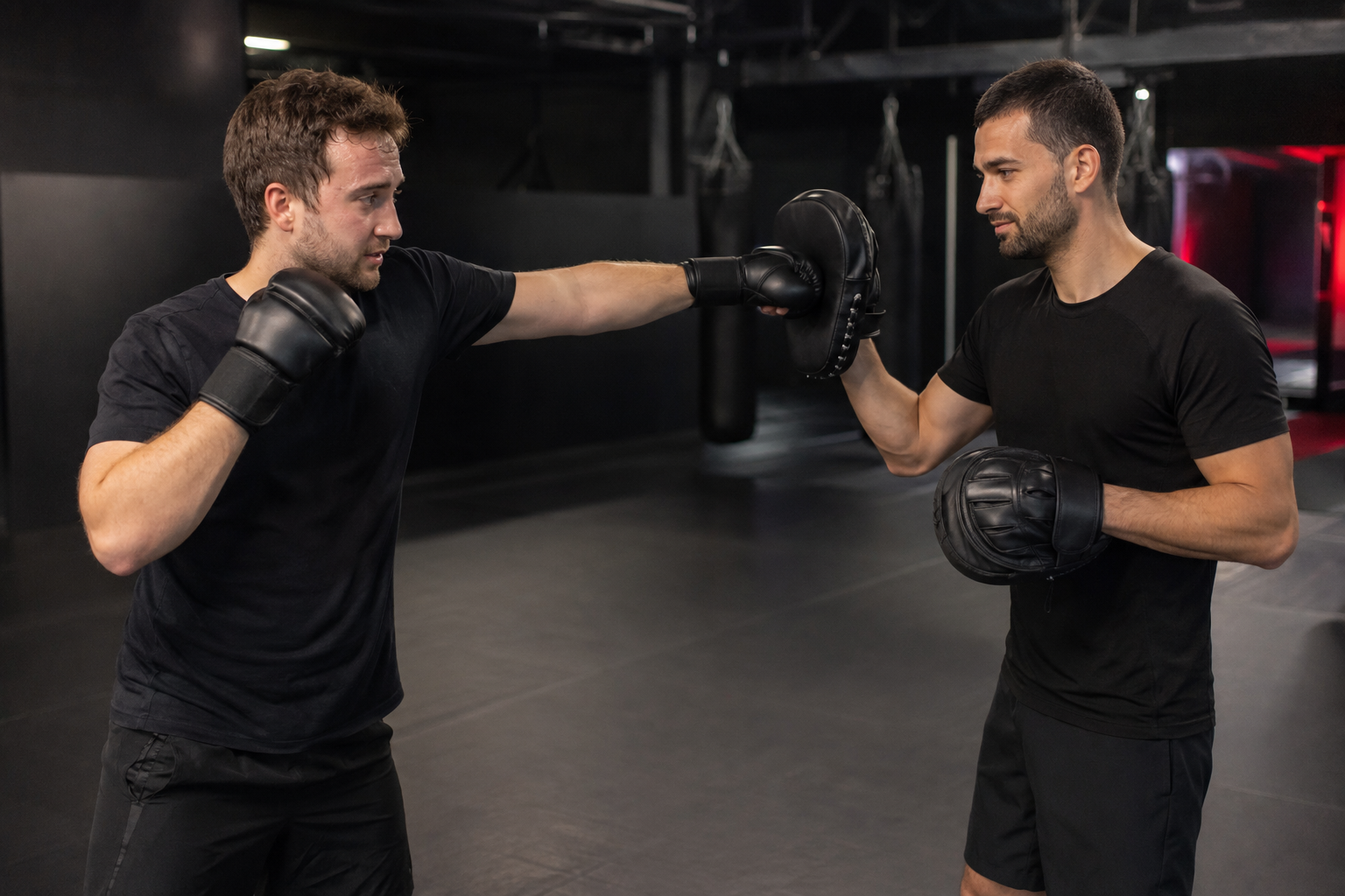 Ein Kampfsportler trainiert mit einem Trainer im Hybrid Empire