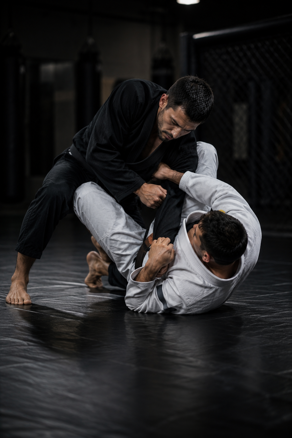 Zwei Männer beim Brazilian Jiu-Jitsu im Grappling-Kampf auf einer Matte im Trainingsraum.