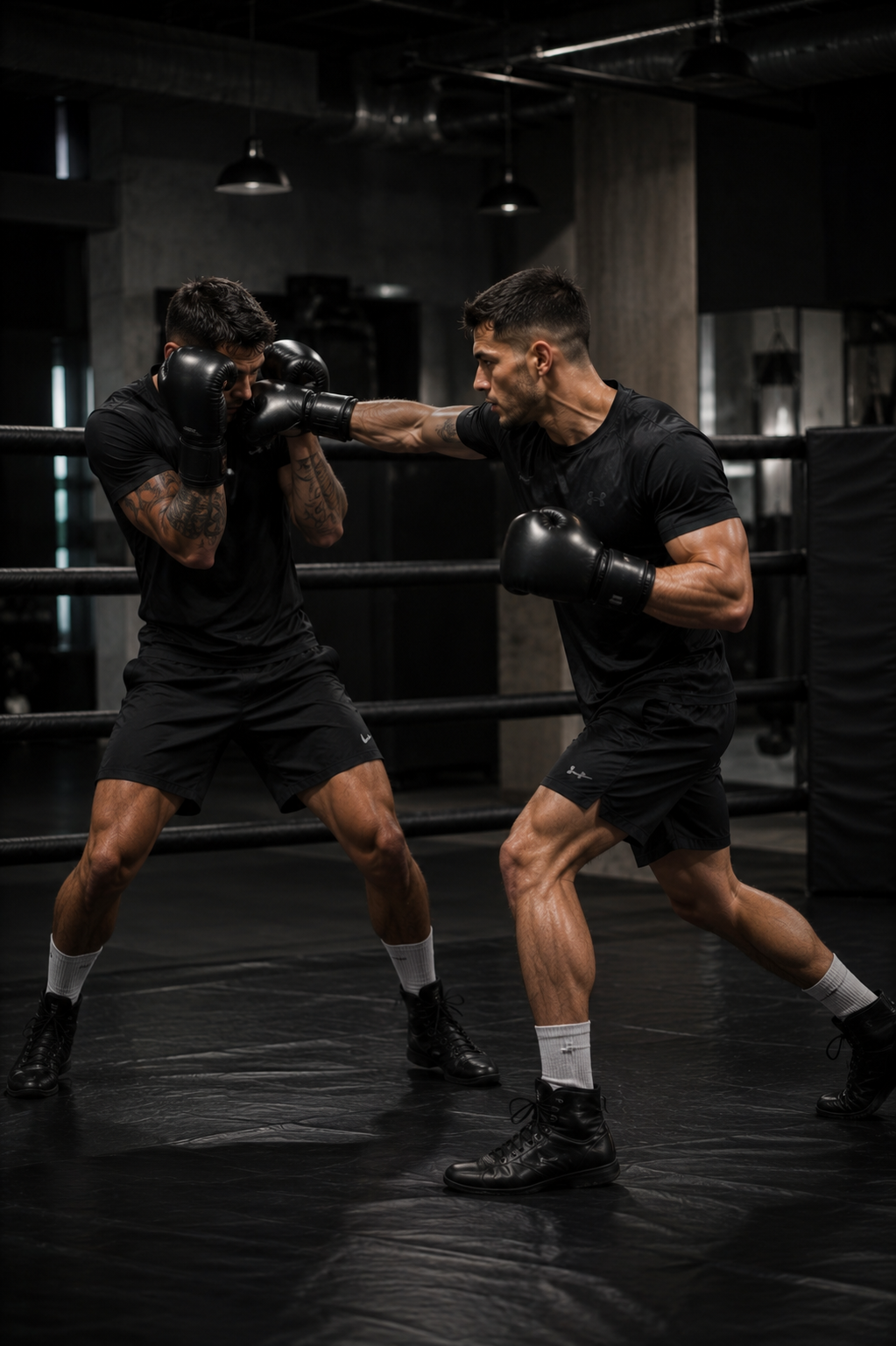 Zwei Männer beim Boxtraining im Fitnessstudio, einer schlägt den anderen im Ring, beide tragen Boxhandschuhe und schwarze Sportkleidung.
