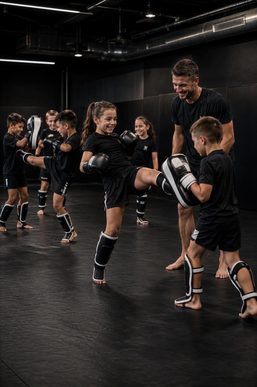Kinder im Kickbox-Training, die mit Armschonern und Boxhandschuhen trainieren, mit einem Trainer, der sie anleitet, in einem Kampfsportkurs in der Turnhalle.