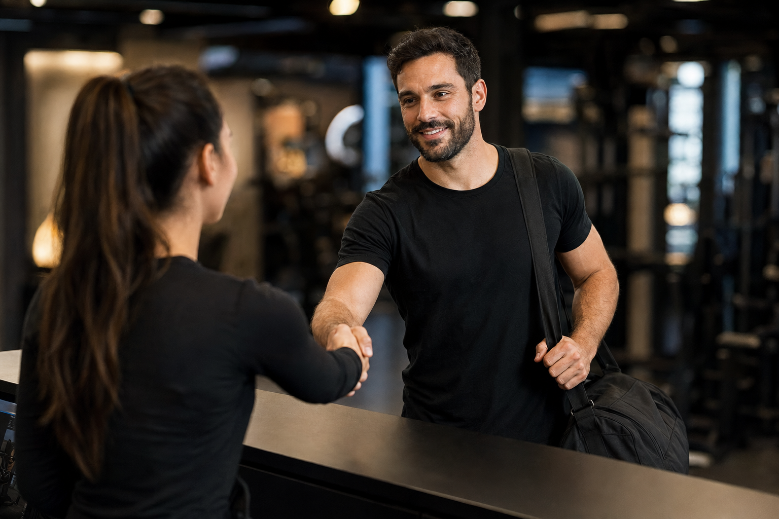 Ein Mann und eine Frau schütteln sich an der Rezeption eines Fitnessstudios die Hand, während der Mann eine Sporttasche trägt.