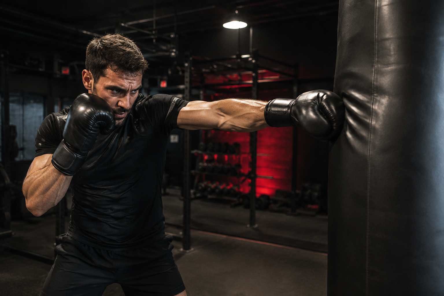 Ein Kampfsportler schlägt auf einen Boxsack ein im Hybrid Empire
