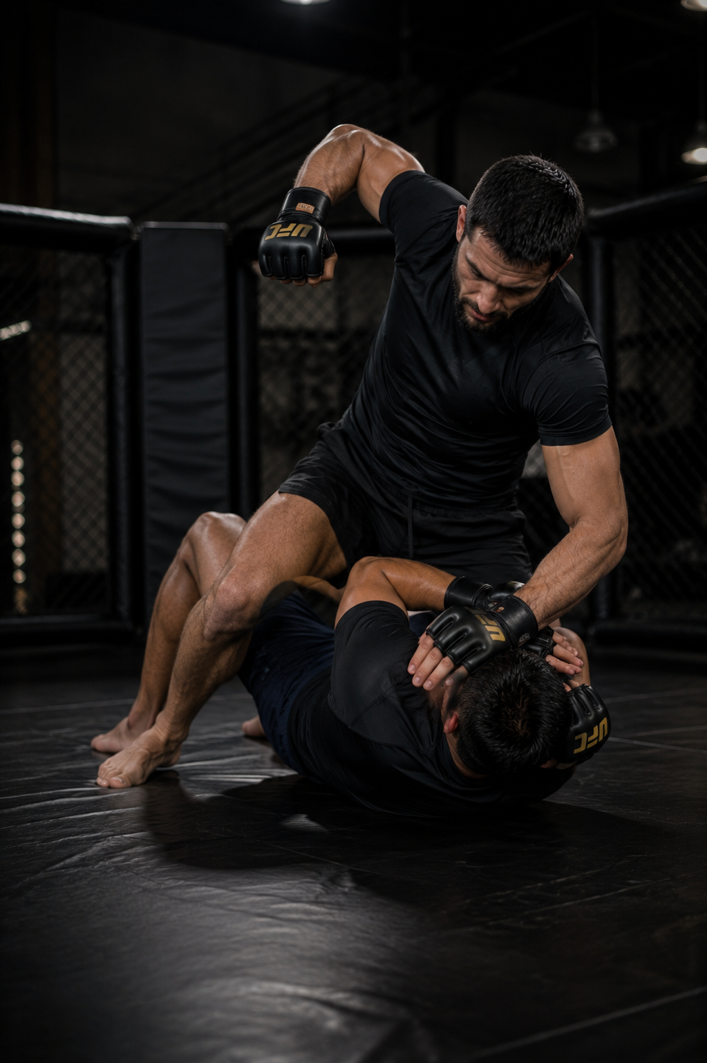 Zwei Männer trainieren im MMA-Käfig. Einer liegt auf dem Boden, der andere ist in einer bewaffneten Top-Haltung über ihm.