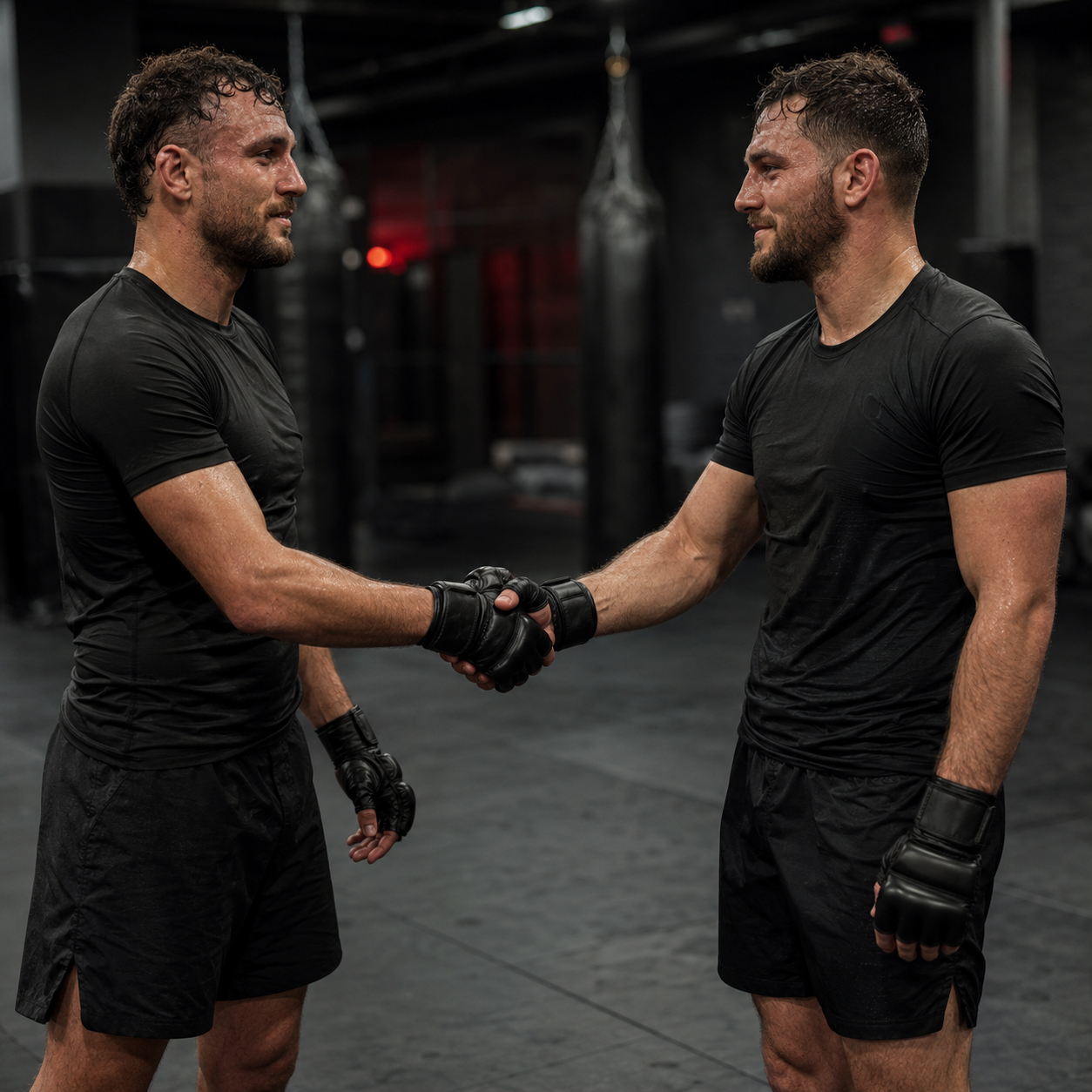 Zwei Kampfsportler die sich gemeinsam die Hand reichen im Hybrid Empire