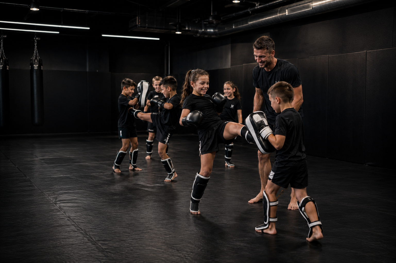 Mehrere Kinder mit einem Trainer beim Kindertraining im Hybrid Empire