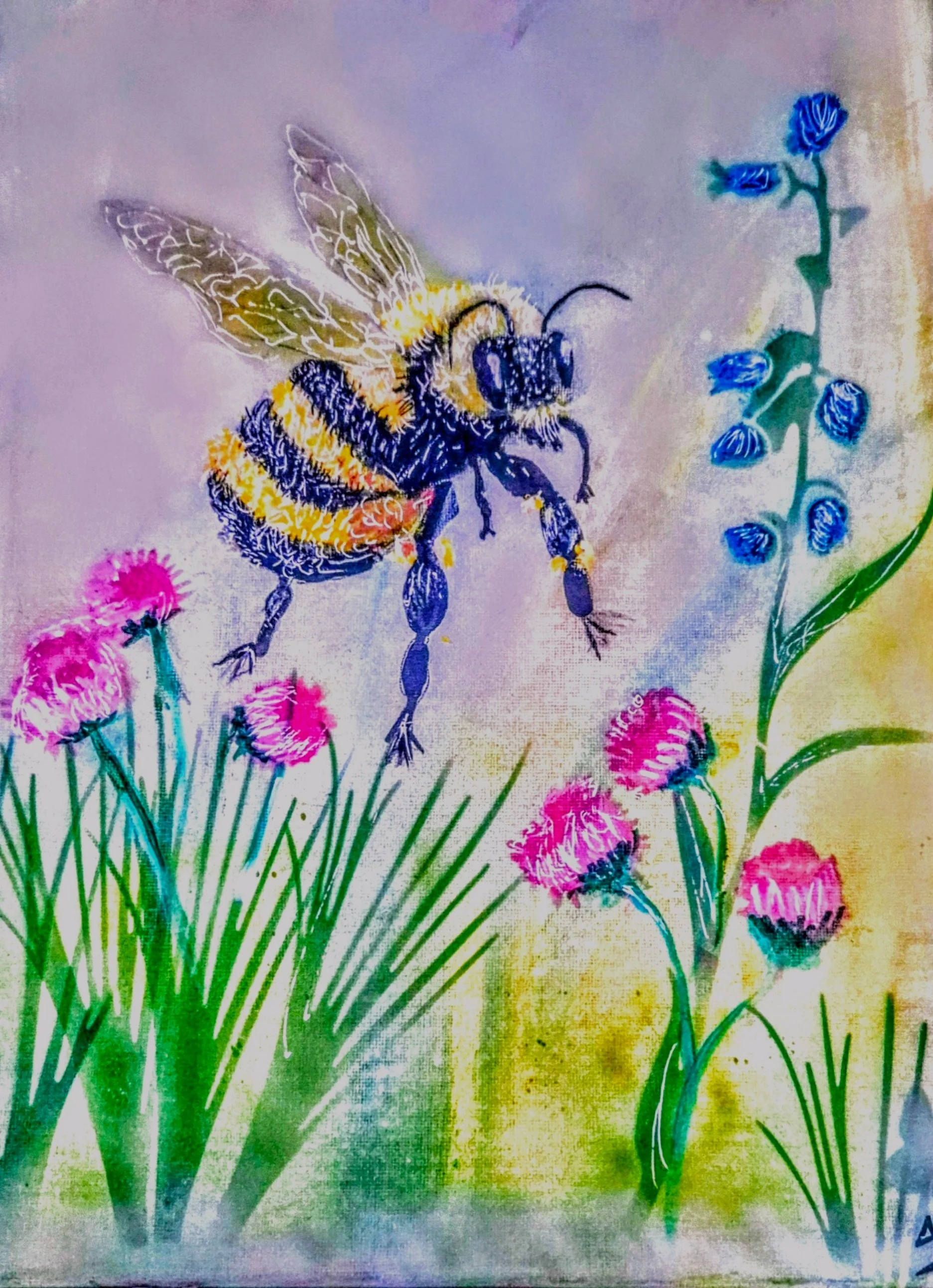 Vibrant Bee and Flowers A3 Art Print