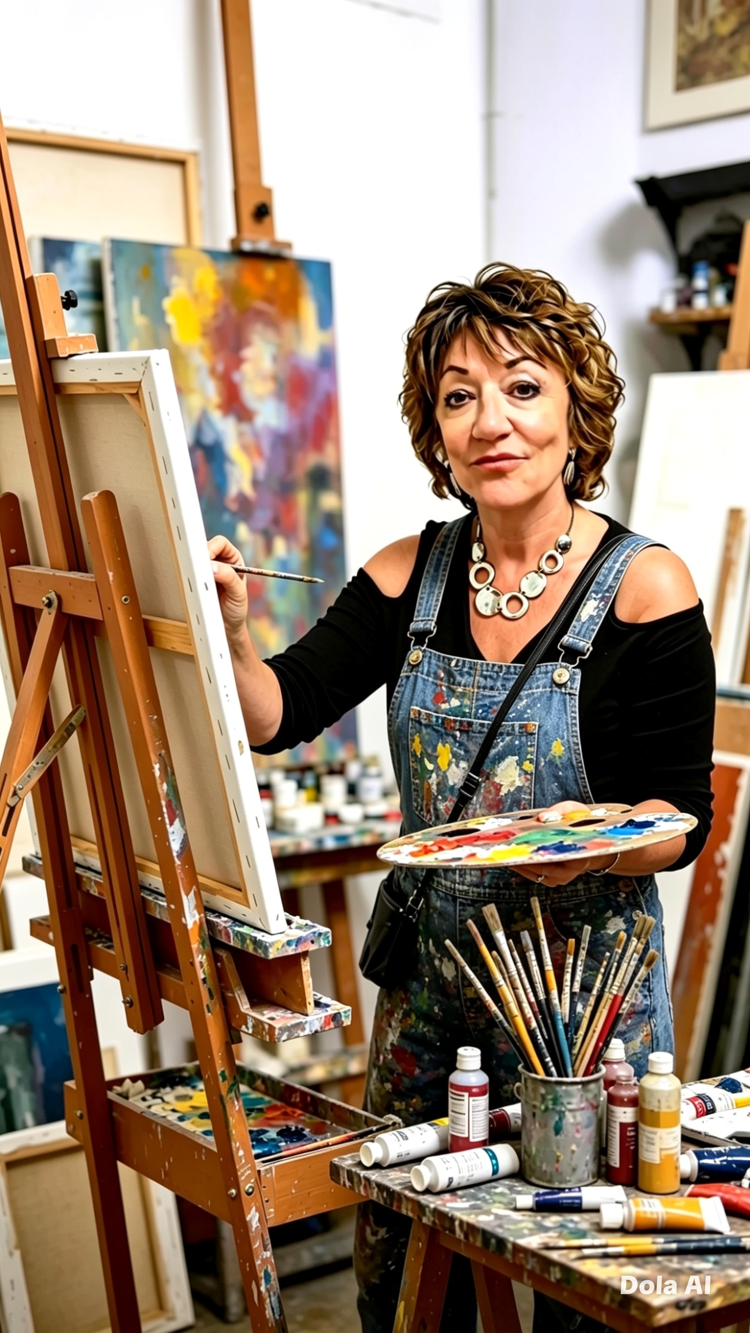 A woman in an art studio holding a paint palette and standing in front of an easel while painting a colorful abstract artwork.