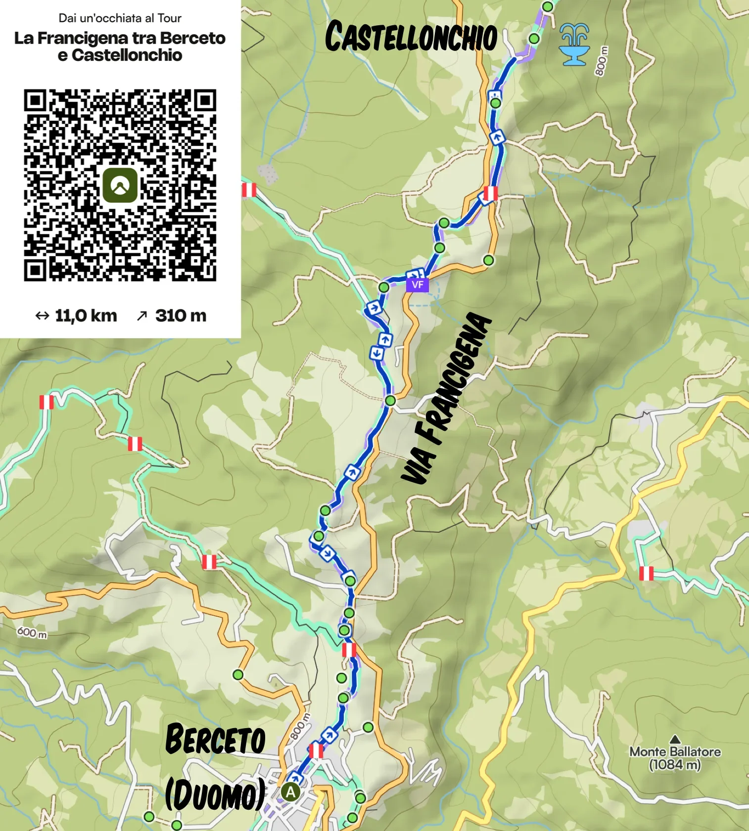 Mappa trekking lungo la via Francigena tra Berceto e Castellonchio