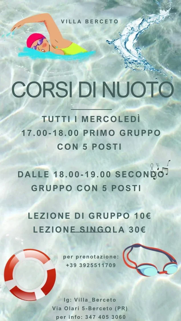 Corsi di nuoto per bambini, estate 2026, a Villa Berceto. Locandina