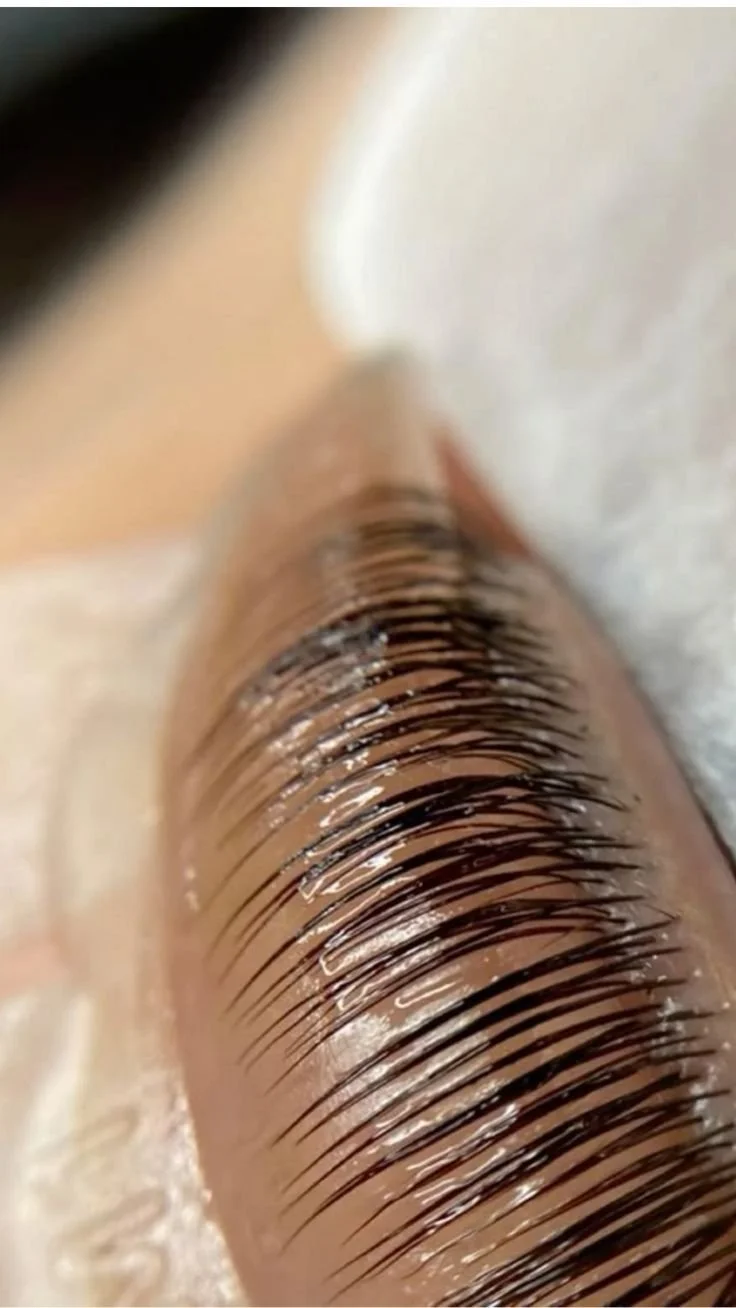 Close-up of lifted natural eyelashes after a Korean lash lift treatment.