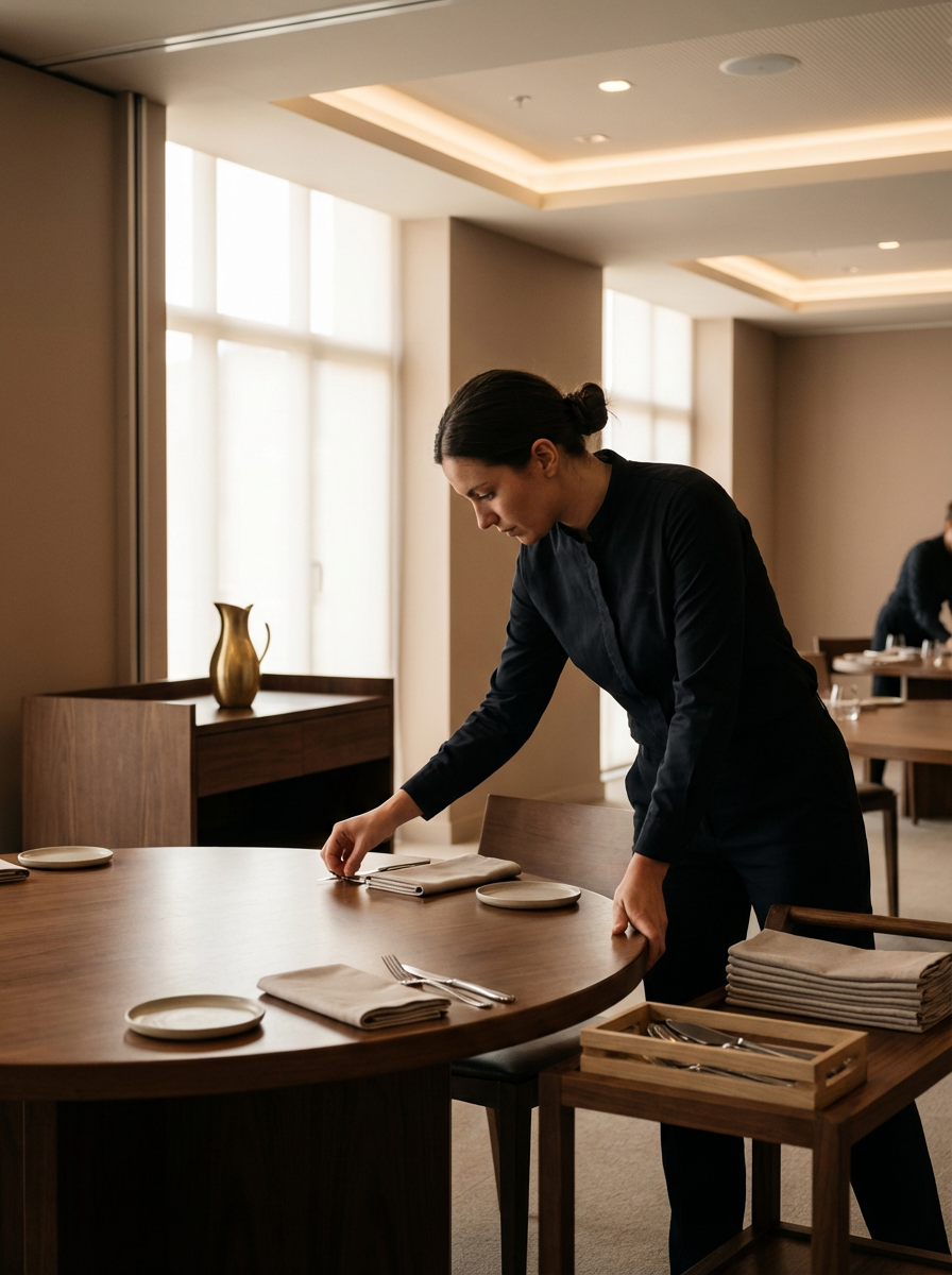 A woman in black attire setting a dining table with plates, napkins, and utensils in a well-lit, modern restaurant or function room.