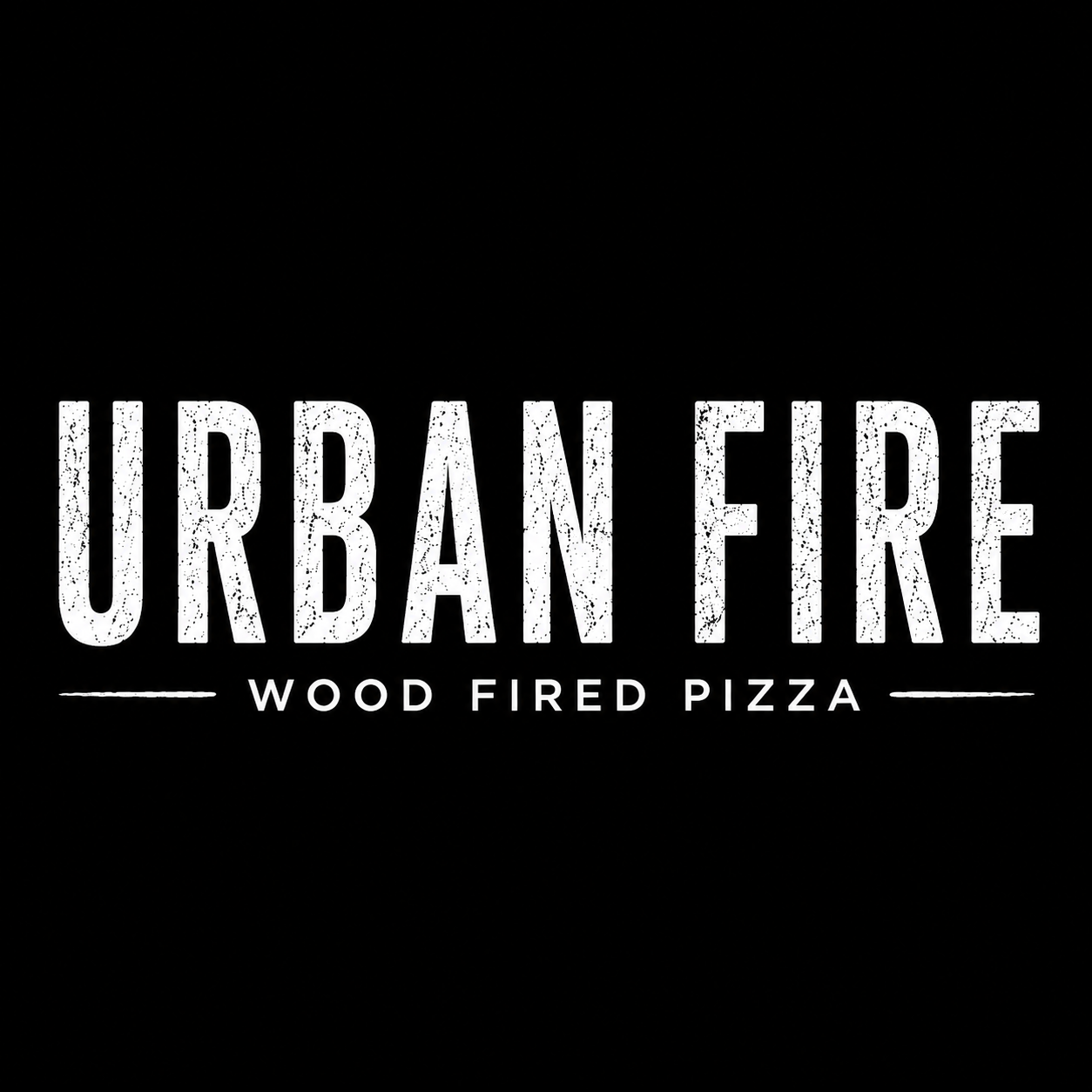 Black background with white text that reads 'URBAN FIRE' in large letters, and below it, in smaller letters, 'WOOD FIRED PIZZA' with two horizontal lines on each side.